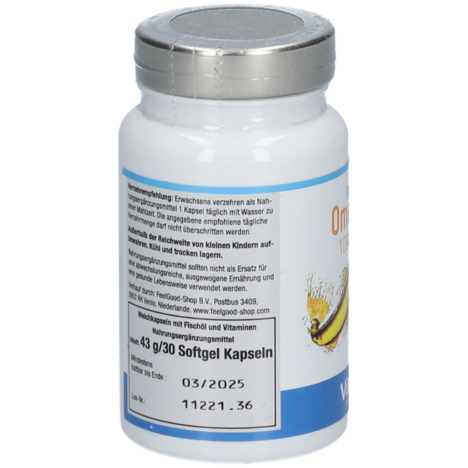 Rückseite der Flasche mit Omega 3 Fischöl 1000 Kapseln. Text: 43 g/30 Softgel Kapseln. Mindestens haltbar bis 03/2025.