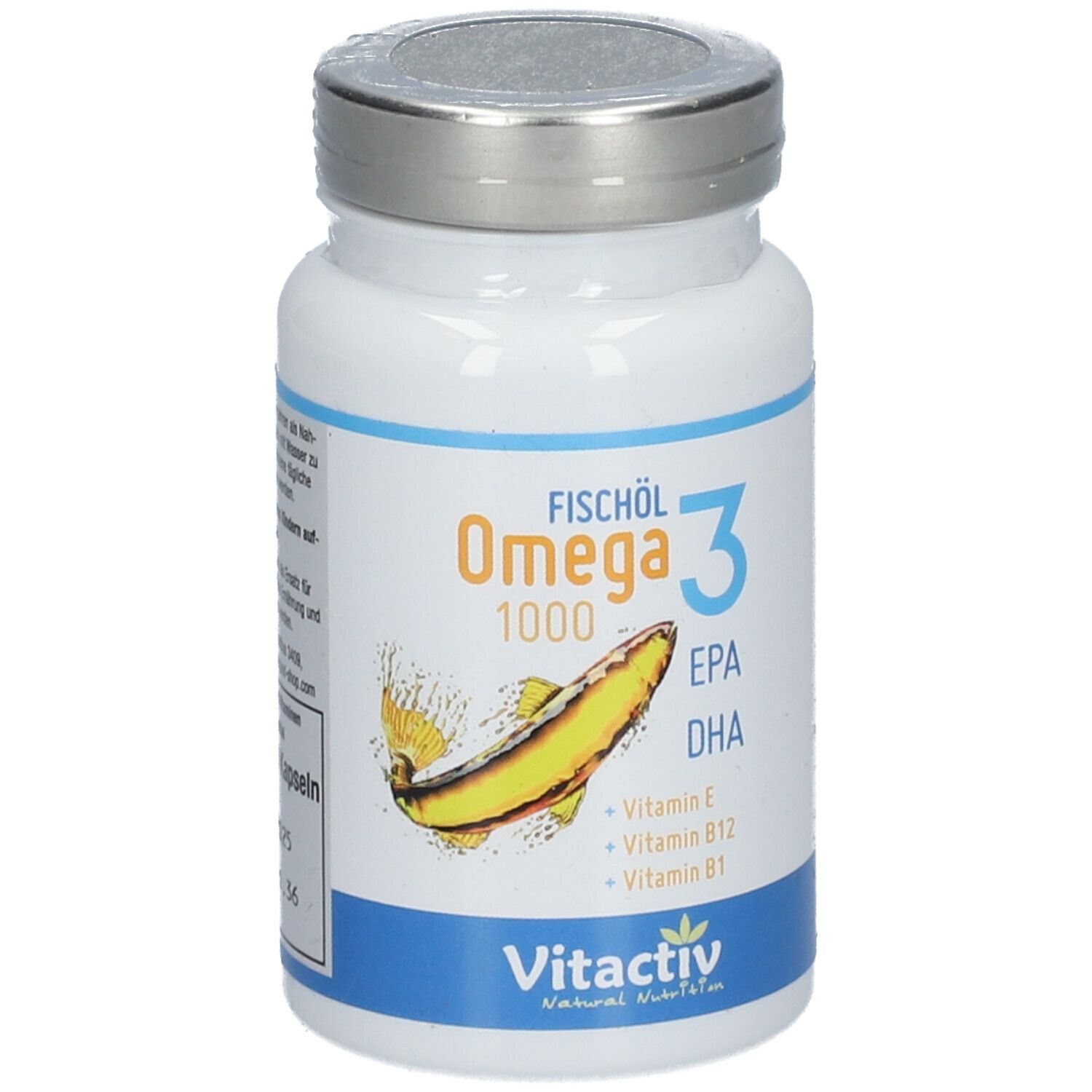 Flasche mit Omega 3 Fischöl 1000 Kapseln. Aufschrift: EPA, DHA, Vitamin E, B12, B1. Marke: vitactiv.
