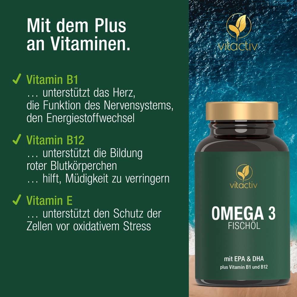 Flasche mit Omega 3 Fischöl Kapseln. Text: Mit dem Plus an Vitaminen. Grafiken: Vitamin B1, B12, E. Marke: vitactiv.