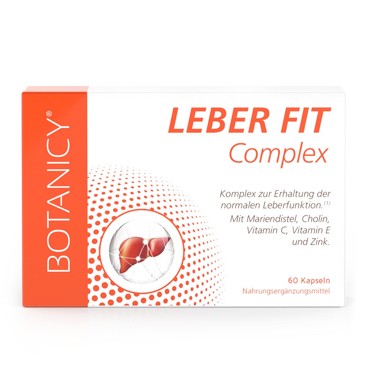 Boîte de BOTANICY Leber Fit Complex. Contient 60 gélules. Avec chardon-Marie, choline, vitamines C, E et zinc.