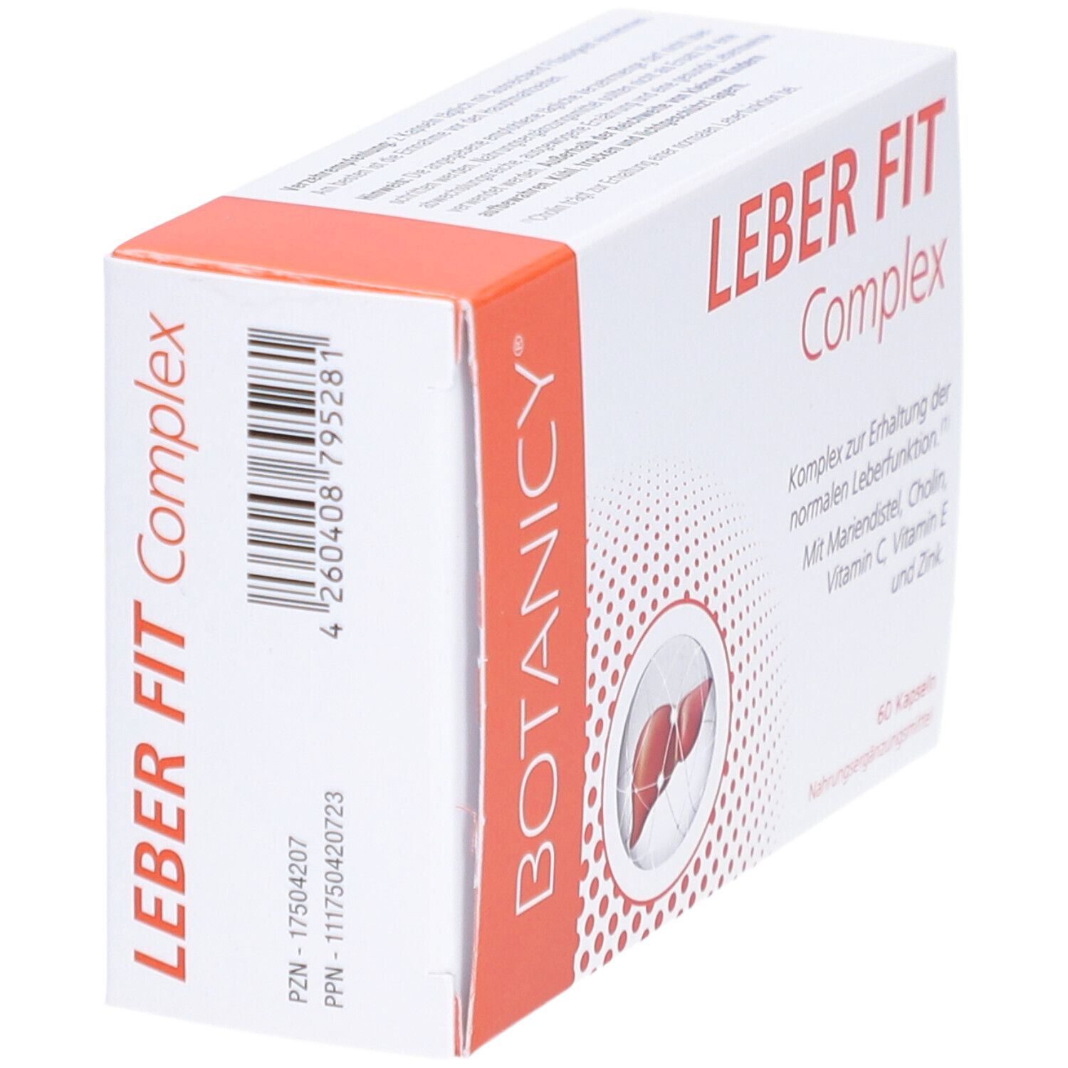 Karton mit BOTANICY Leber Fit Complex. Enthält 60 Kapseln. Mit Mariendistel, Cholin, Vitamin C, E und Zink.