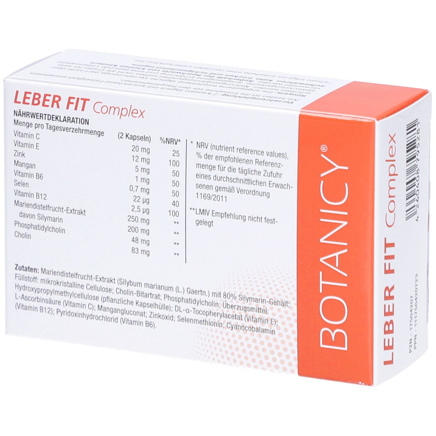 Karton mit BOTANICY Leber Fit Complex. Enthält 60 Kapseln. Mit Mariendistel, Cholin, Vitamin C, E und Zink.