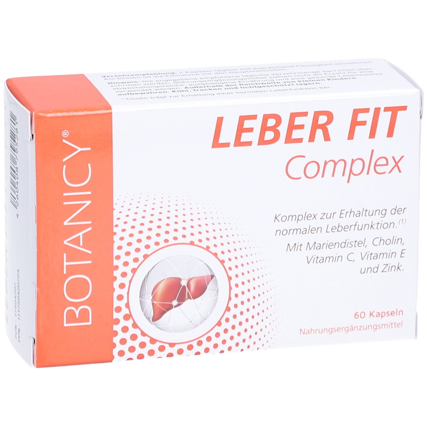 Karton mit BOTANICY Leber Fit Complex. Enthält 60 Kapseln. Mit Mariendistel, Cholin, Vitamin C, E und Zink.