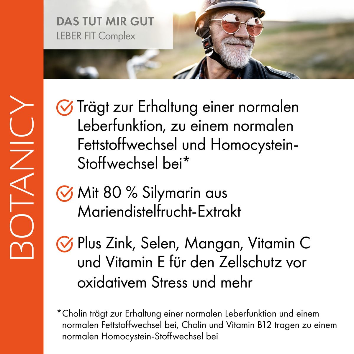 Homme avec lunettes et casque. Texte: Leber Fit Complex. Mélange nutritif naturel, fonction hépatique normale, fonctions métaboliques.