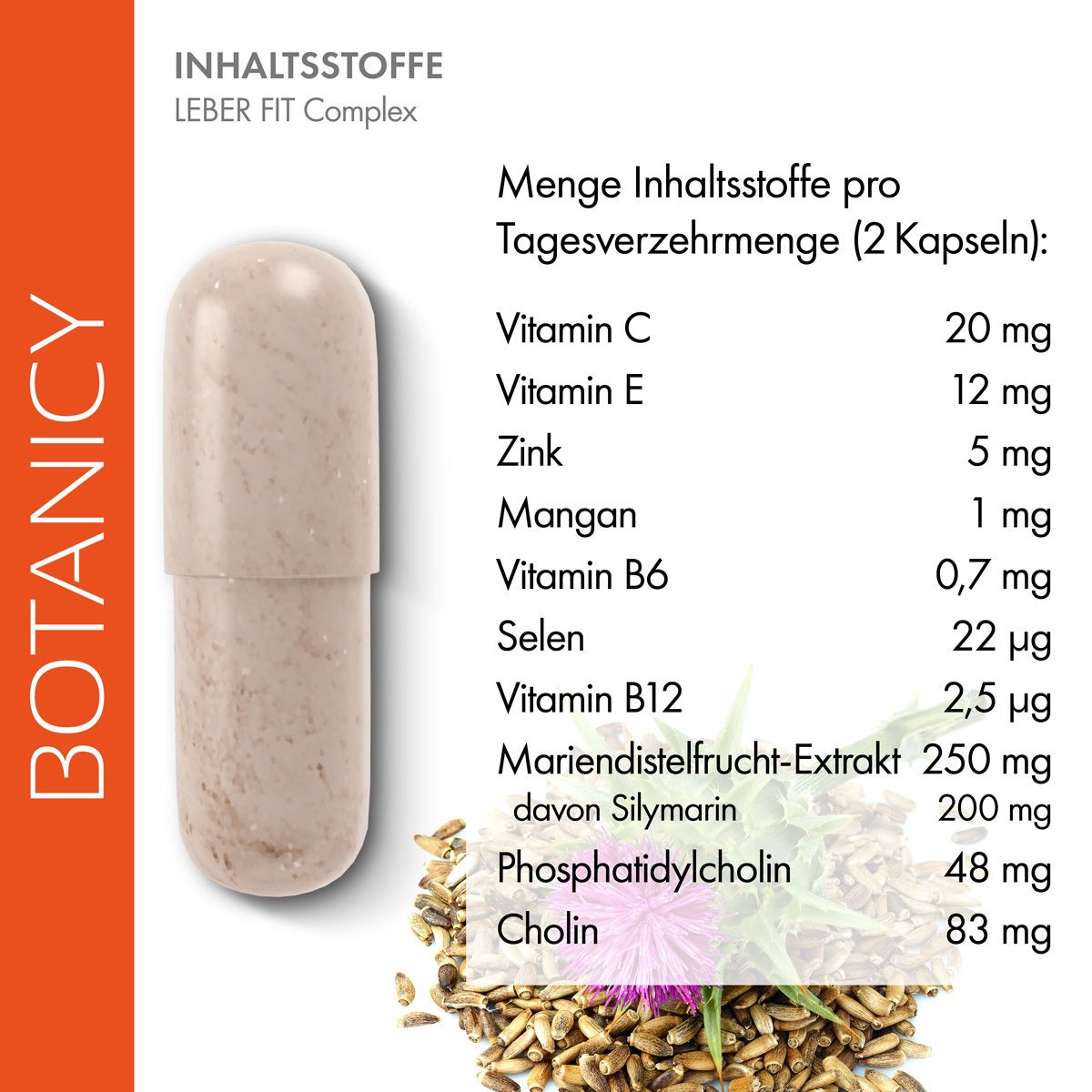Texte: PHOSPHOcomplex. Silymarine de chardon-Marie, jusqu'à 10 fois mieux assimilée. Activité antioxydante plus élevée. Matière première végétale.