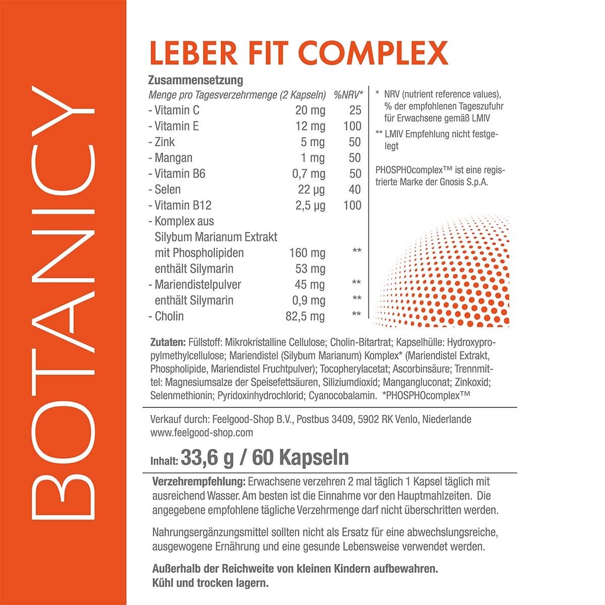 Composition et informations nutritionnelles de Leber Fit Complex. Contient du chardon-Marie, de la choline, des vitamines et des minéraux.