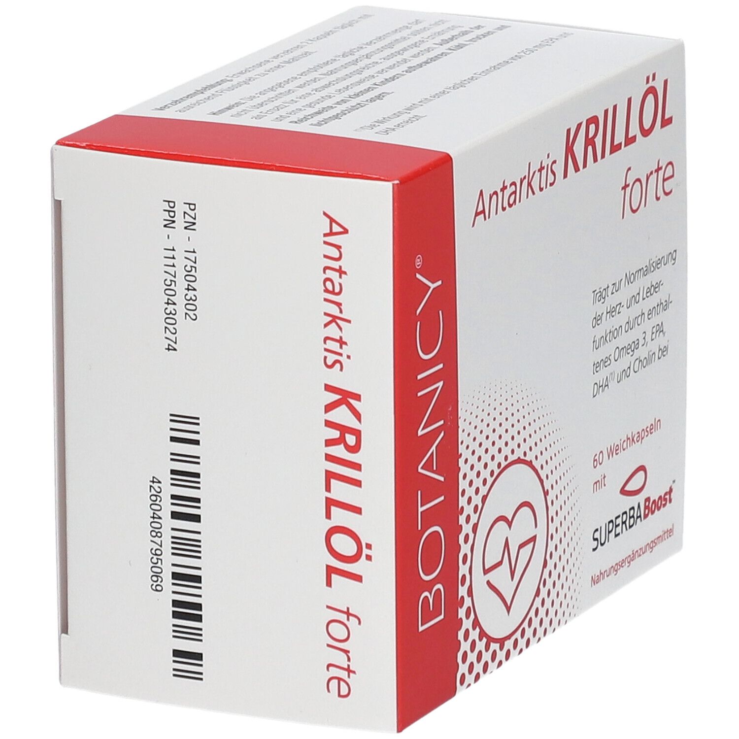 Emballage du produit "Antarktis Krillöl forte". Marque : BOTANICY. Logo cœur. Code-barres.