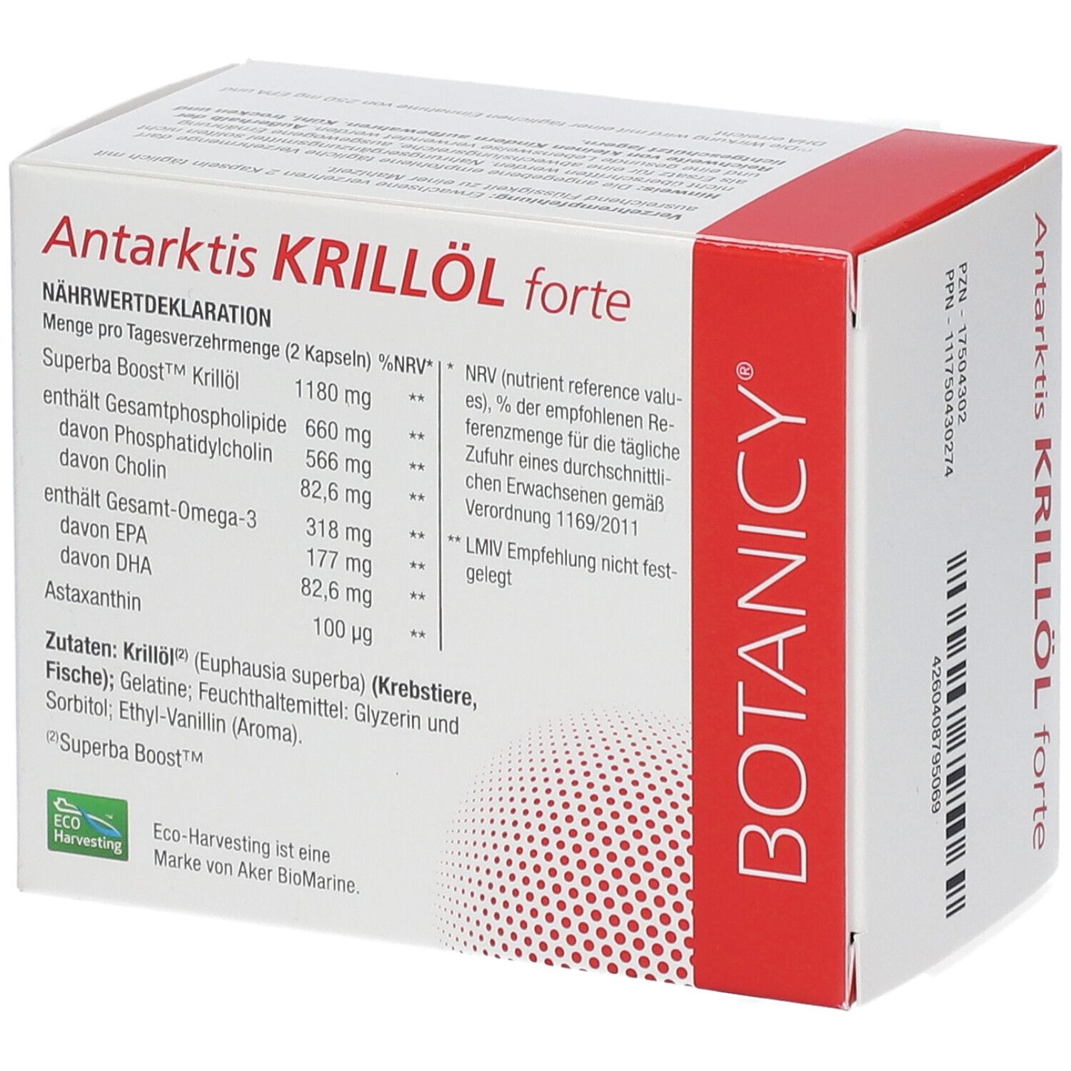 Emballage du produit. Déclaration nutritionnelle : SUPERBA Boost Krillöl, Oméga-3, EPA, DHA, Choline. Ingrédients, conseils.