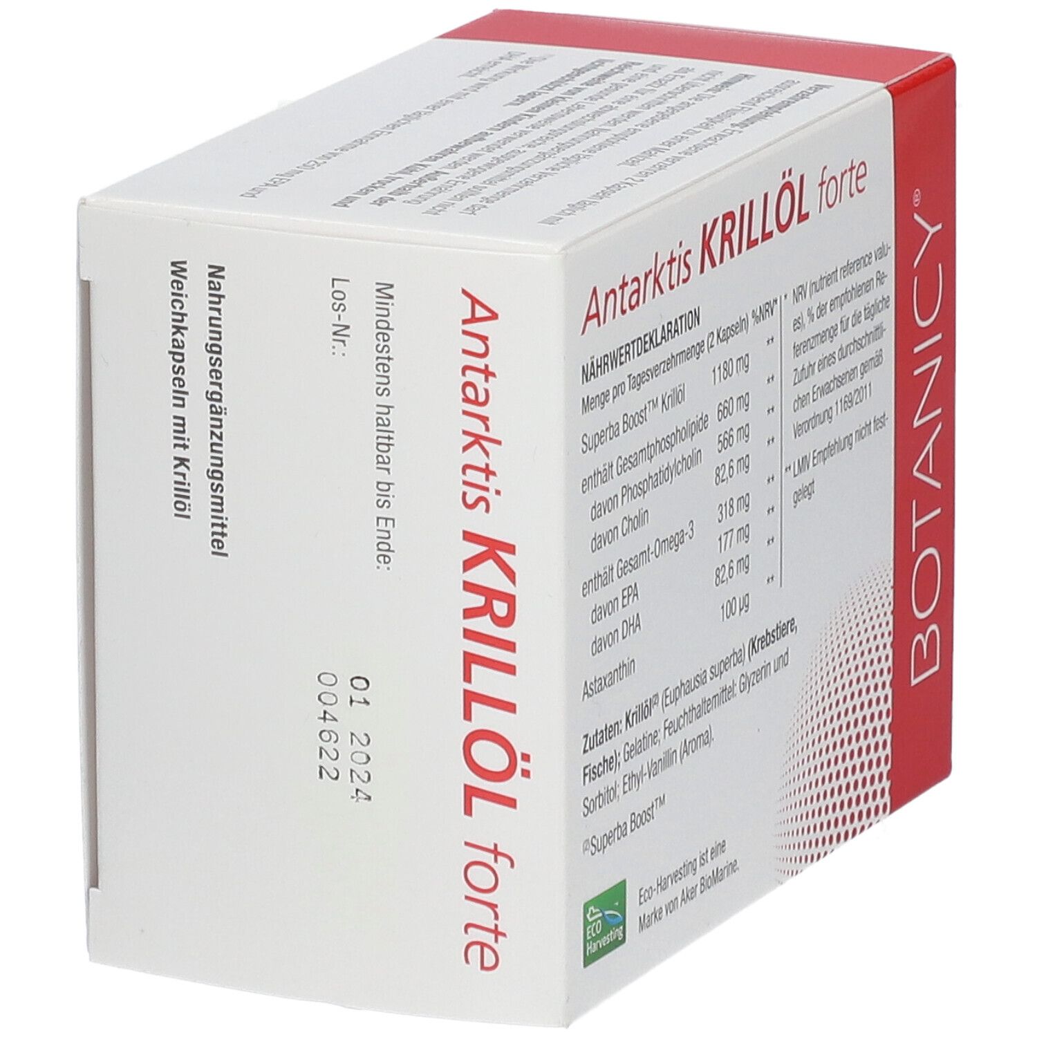 Emballage du produit. Date de péremption. Déclaration nutritionnelle. Marque : BOTANICY. Logo cœur.