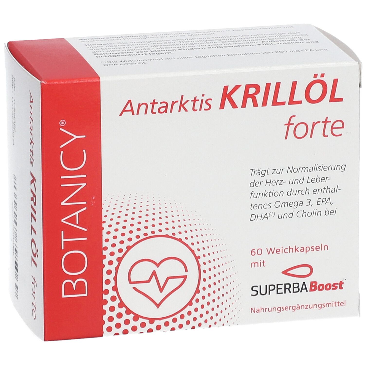 Emballage du produit "Antarktis Krillöl forte". Marque : BOTANICY. Logo cœur. Texte.