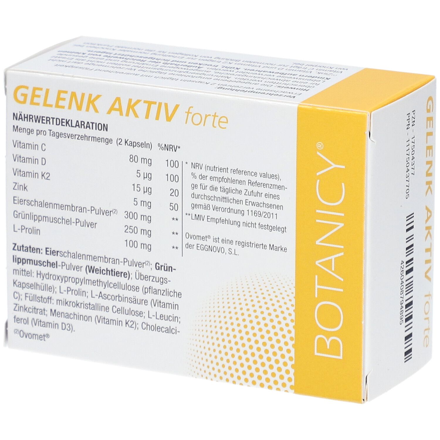 BOTANICY Gelenk Aktiv forte. Weiße Schachtel mit gelben Akzenten. Rückseite mit Text. Text: Nährwertdeklaration.