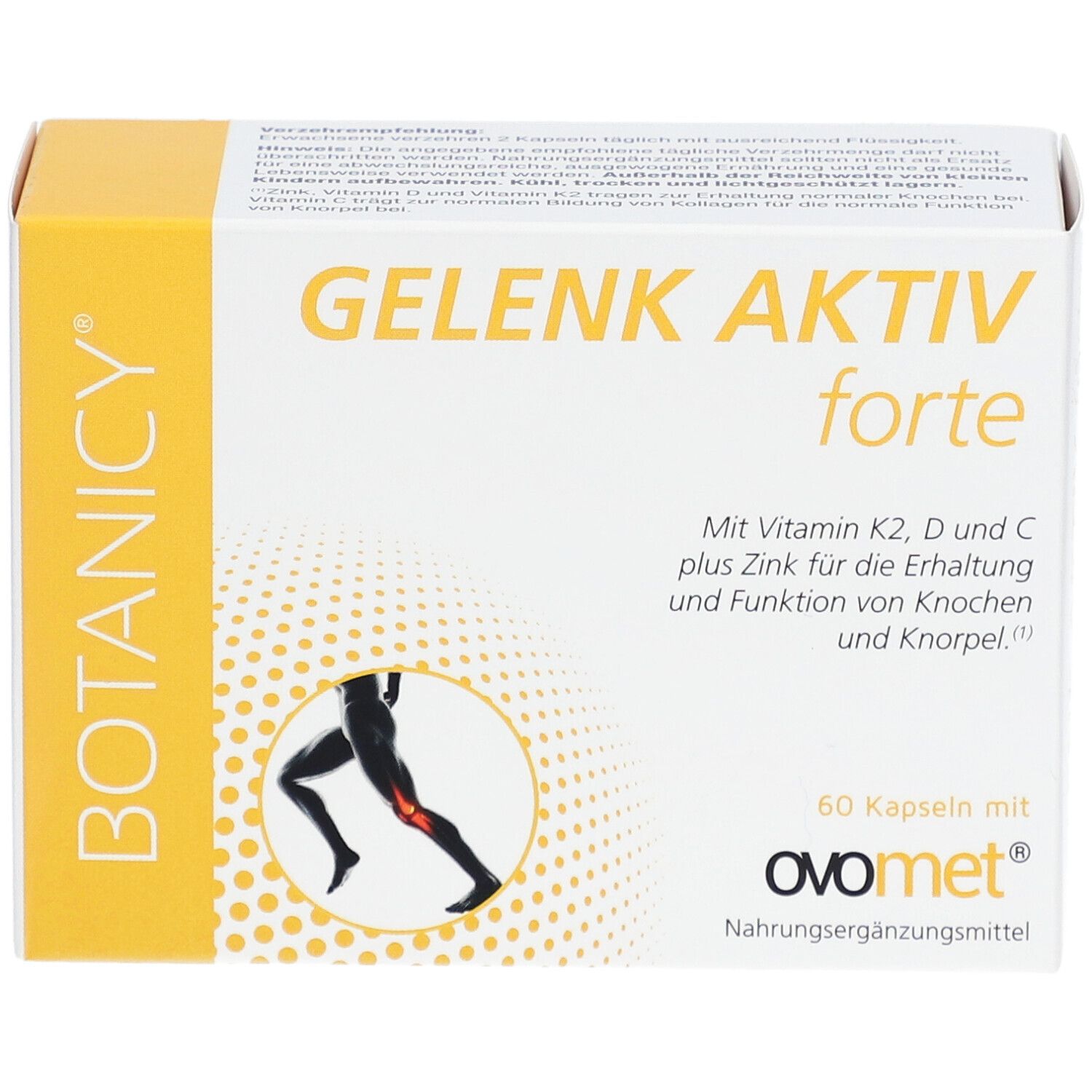 BOTANICY Gelenk Aktiv forte. Weiße Schachtel mit gelben Akzenten. Enthält 60 Kapseln. Text: Vitamin K2, D, C plus Zink.