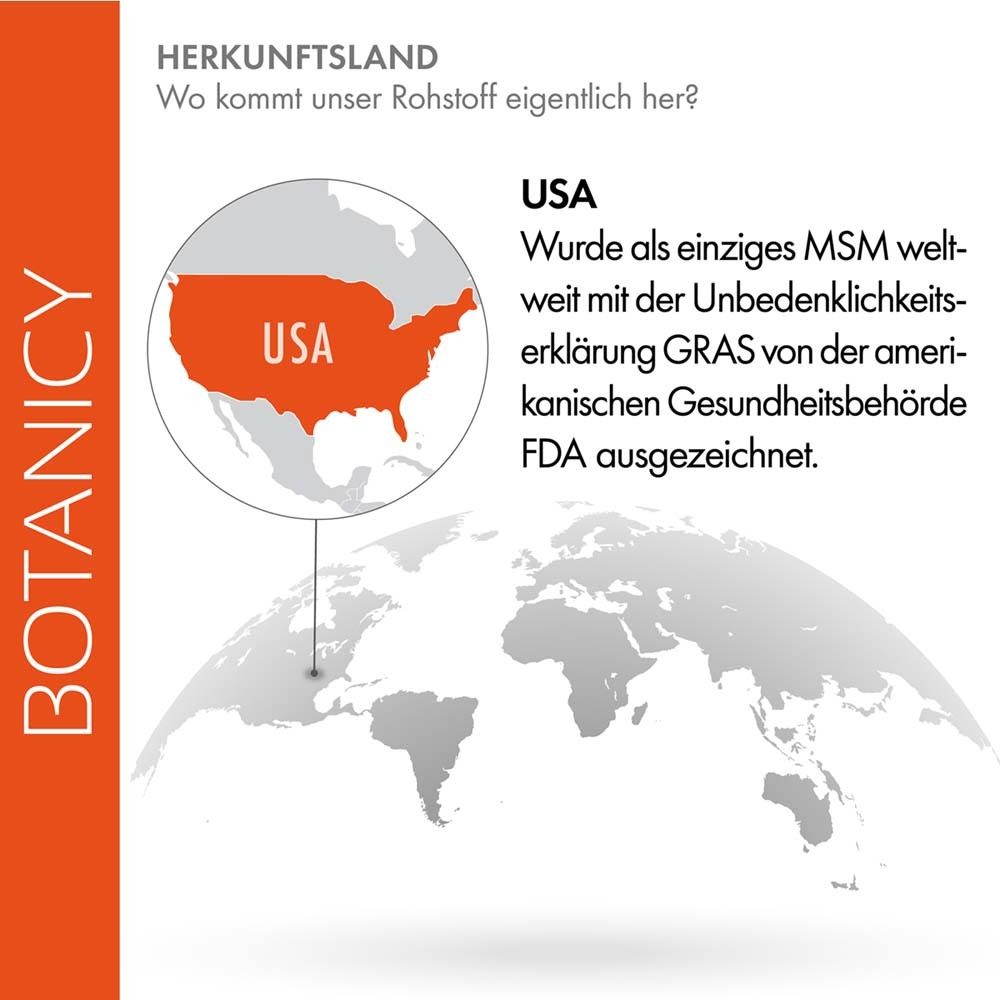 Karte der USA. Herkunft des Rohstoffs OptiMSM. Ausgezeichnet von der FDA.