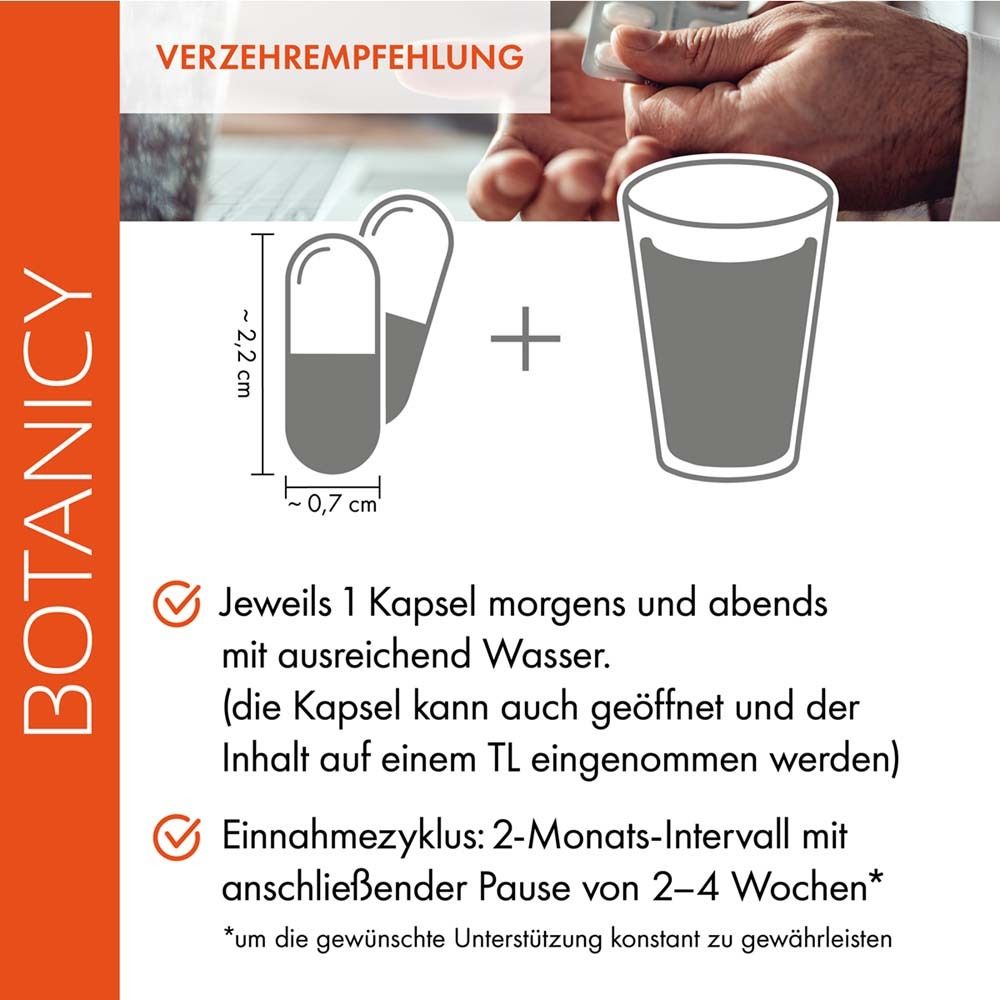 Kapsel mit Inhaltsstoffen. Enthält Vitamin C, Eisen, Kupfer, Pantothensäure, Vitamin B12, Vitamin D3, Selen, Folsäure.