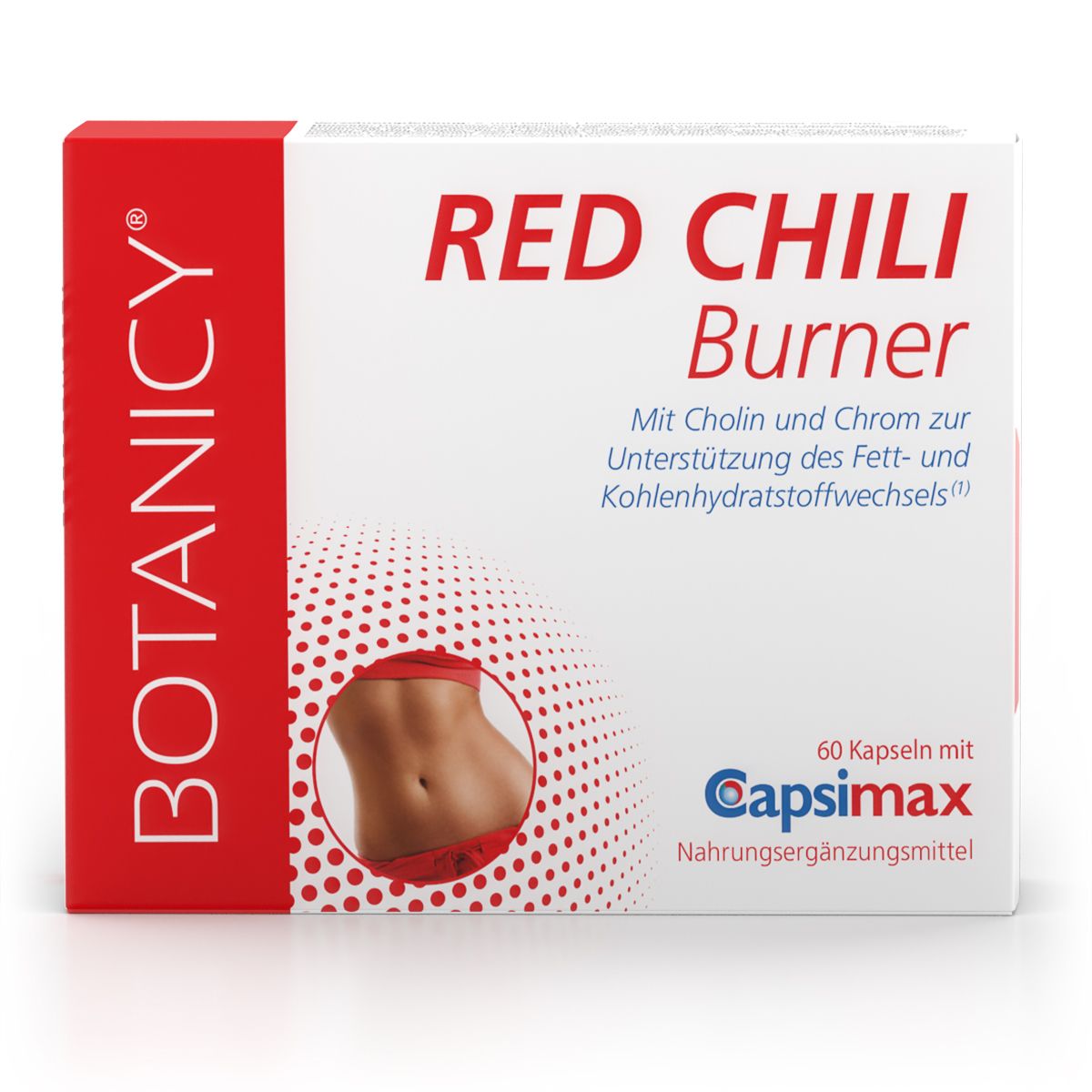 Boîte blanche et rouge avec RED CHILI Burner. Contient 60 gélules avec Capsimax. Marque : BOTANICY.