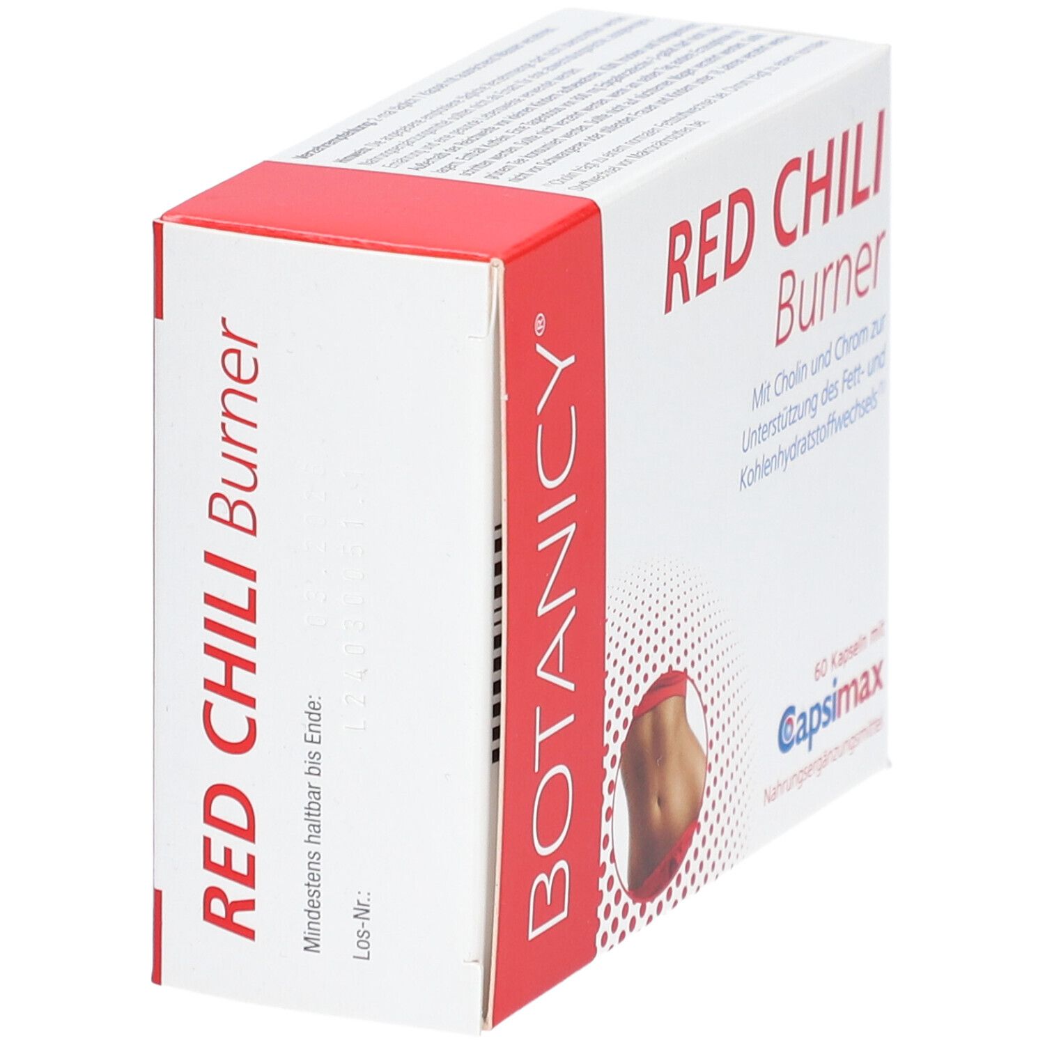 Weiß-rote Schachtel mit Produktnamen RED CHILI Burner. Marke: BOTANICY. Text: Mindestens haltbar bis Ende.
