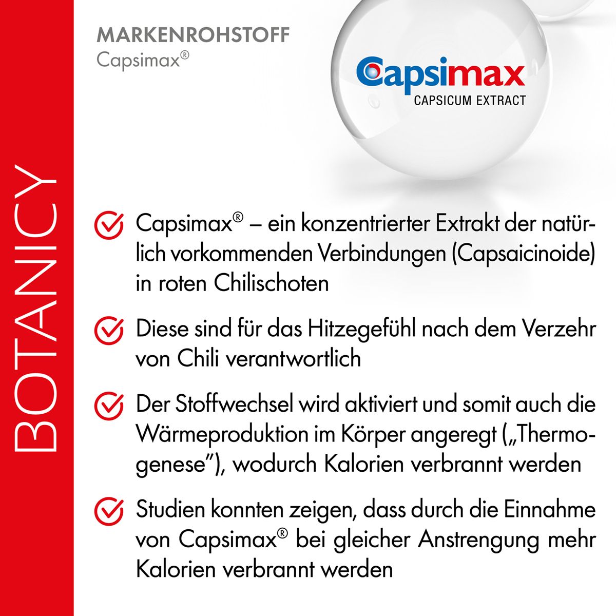 Texte avec des informations sur Capsimax, un extrait de piments rouges. Décrit l'effet.