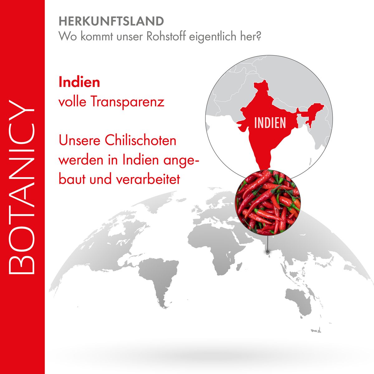 Carte du monde avec l'Inde en surbrillance. Texte : Pays d'origine. Piments d'Inde.