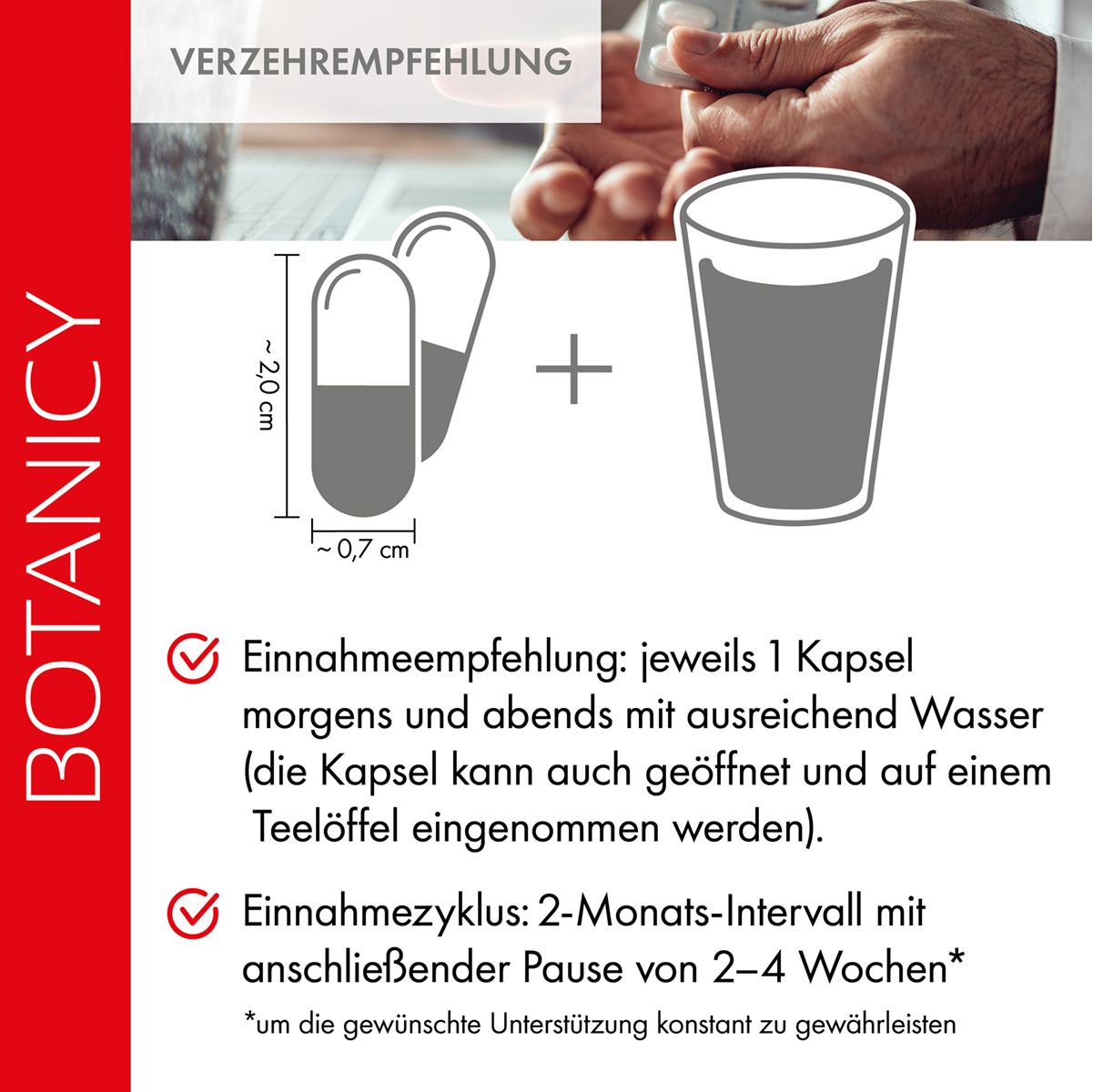 Deux gélules à côté d'un verre d'eau. Texte : Recommandations d'utilisation. Cycle d'utilisation.