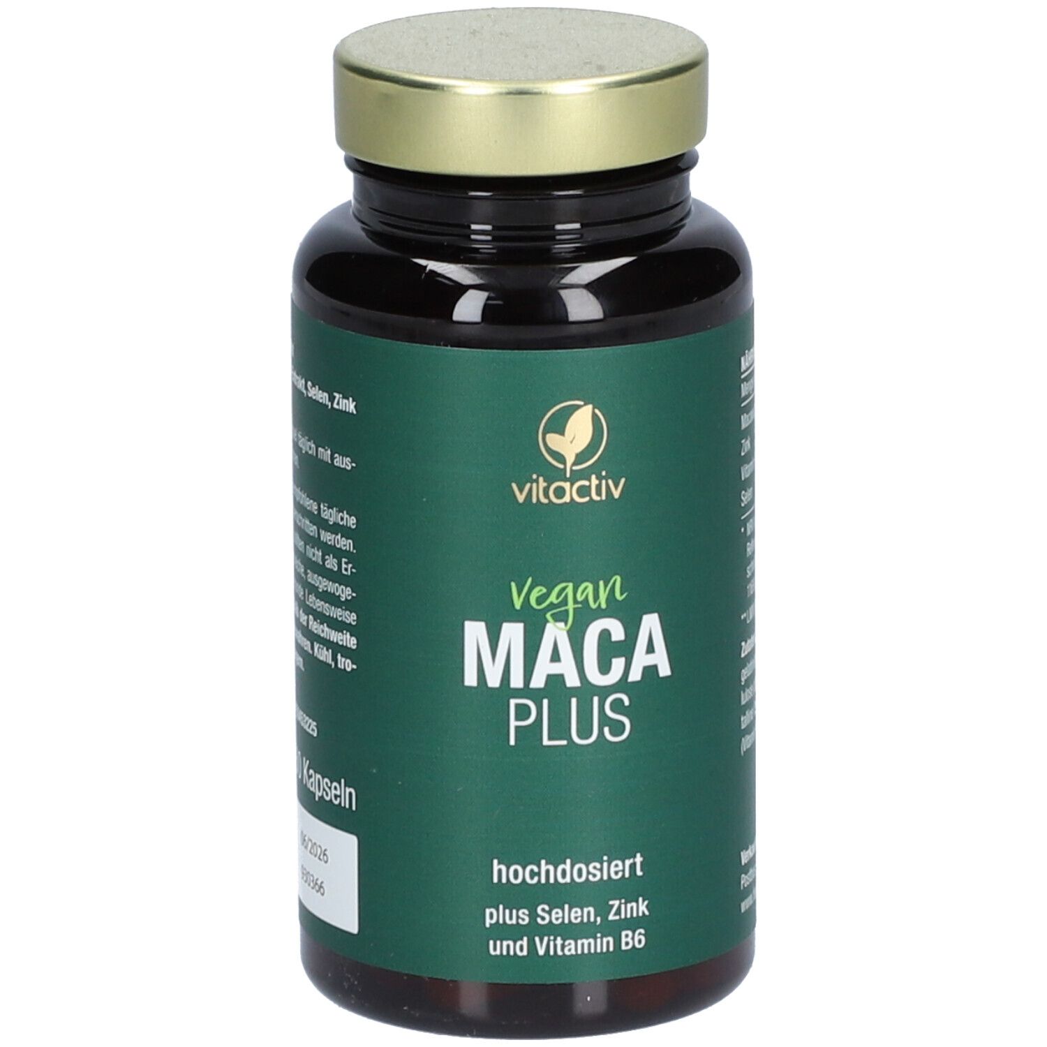 Gélules brunes dans un flacon en verre brun avec un couvercle doré. Inscription : Vegan MACA PLUS, fortement dosé.