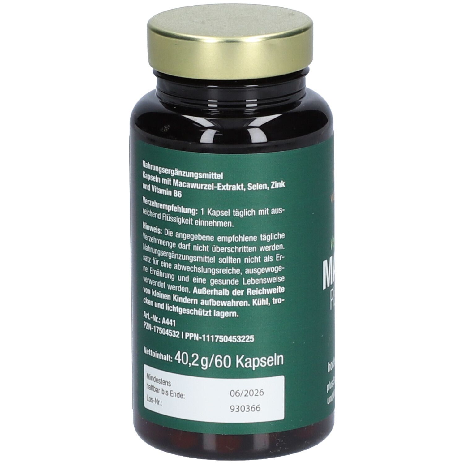 Gélules brunes dans un flacon en verre brun avec un couvercle doré. Inscription : Vegan MACA PLUS, fortement dosé.