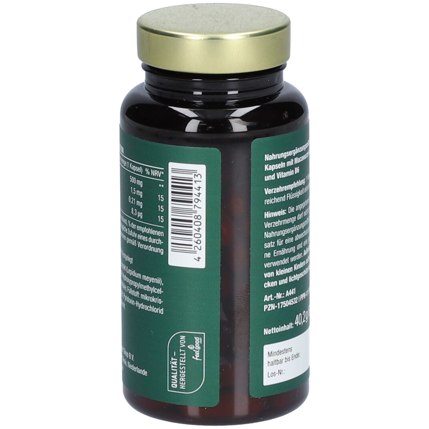 Gélules brunes dans un flacon en verre brun avec un couvercle doré. Inscription : Vegan MACA PLUS, fortement dosé.