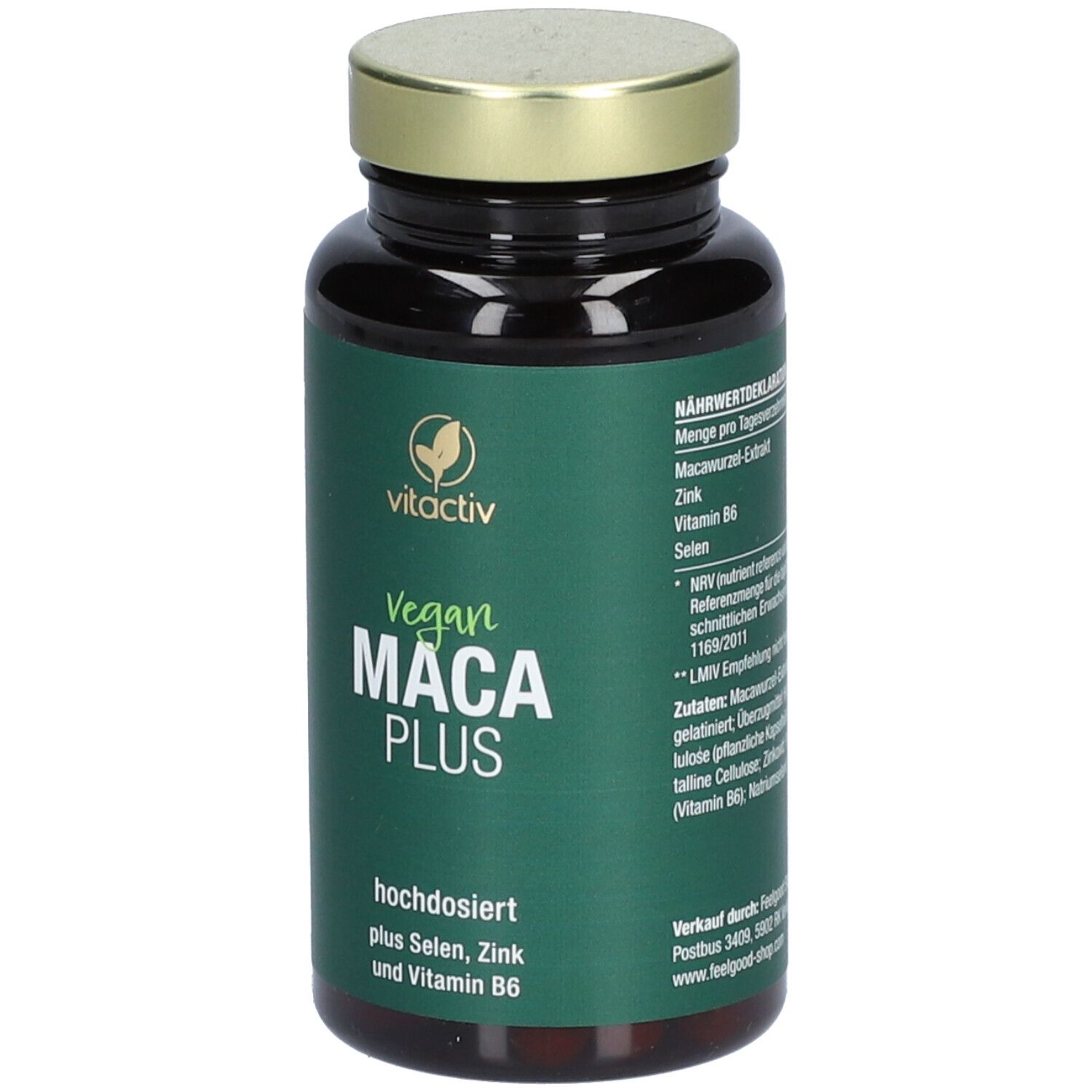 Gélules brunes dans un flacon en verre brun avec un couvercle doré. Inscription : Vegan MACA PLUS, fortement dosé.