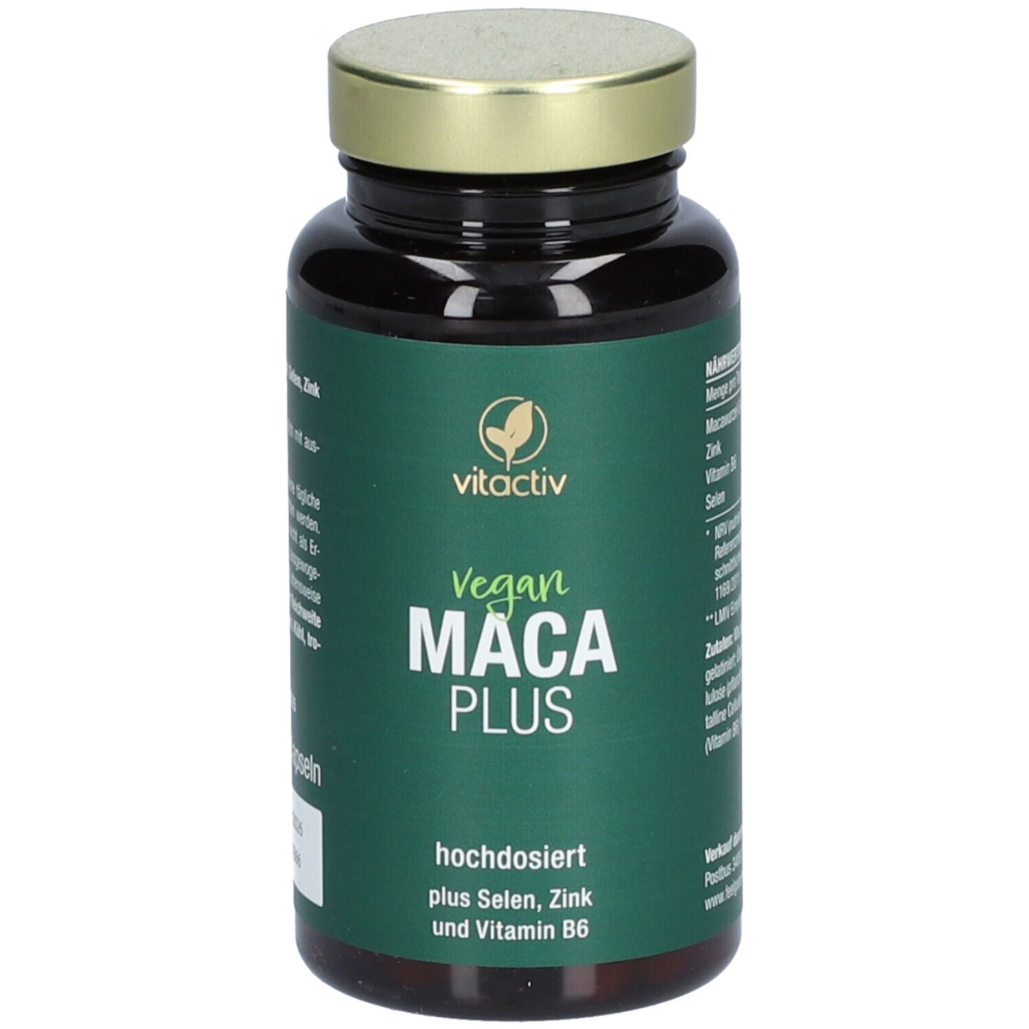 Gélules brunes dans un flacon en verre brun avec un couvercle doré. Inscription : Vegan MACA PLUS, fortement dosé.