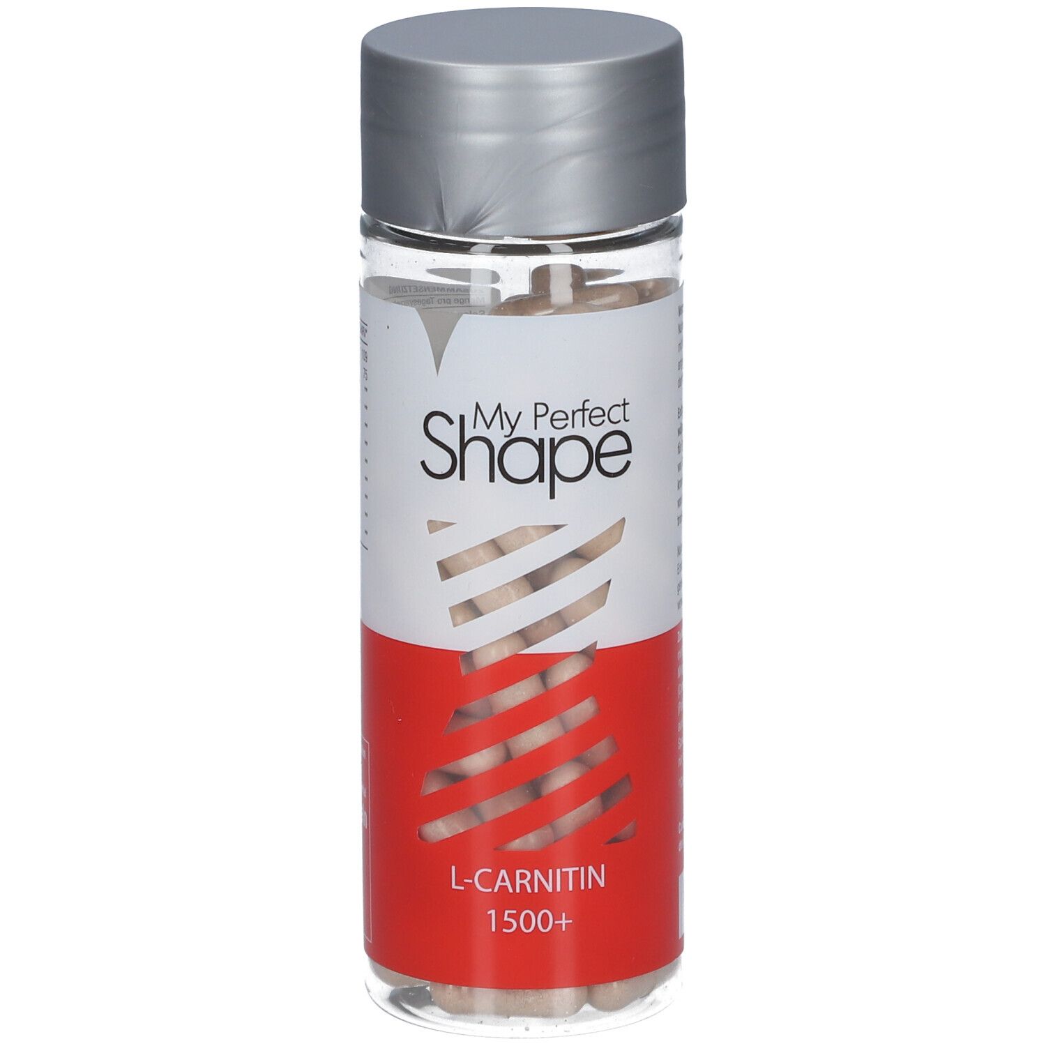 Flacon transparent avec gélules. Inscription : My Perfect Shape, L-Carnitine 1500+. Bouchon argenté. Fond rouge et blanc.