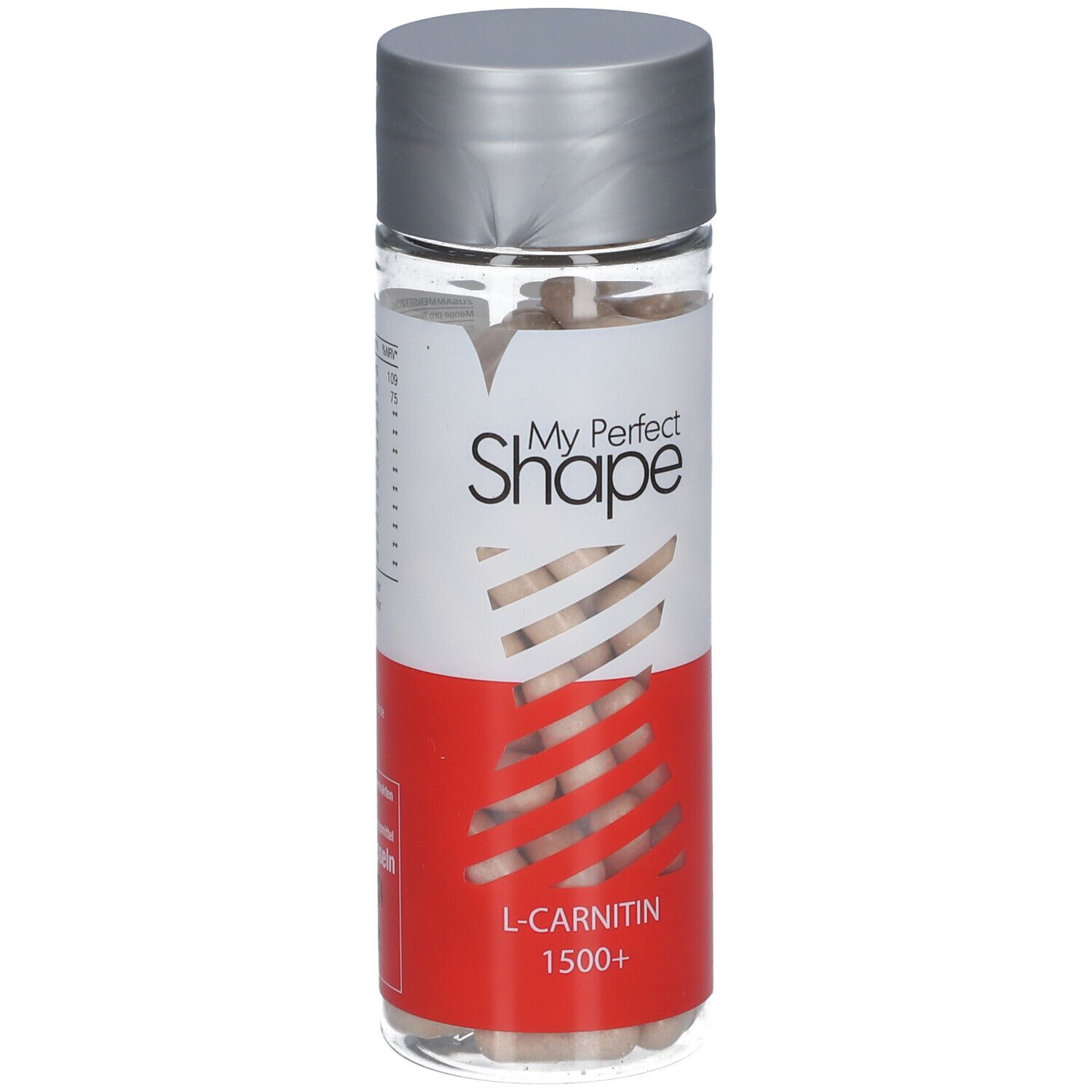 Flacon transparent avec gélules. Inscription : My Perfect Shape, L-Carnitine 1500+. Bouchon argenté. Fond rouge et blanc.