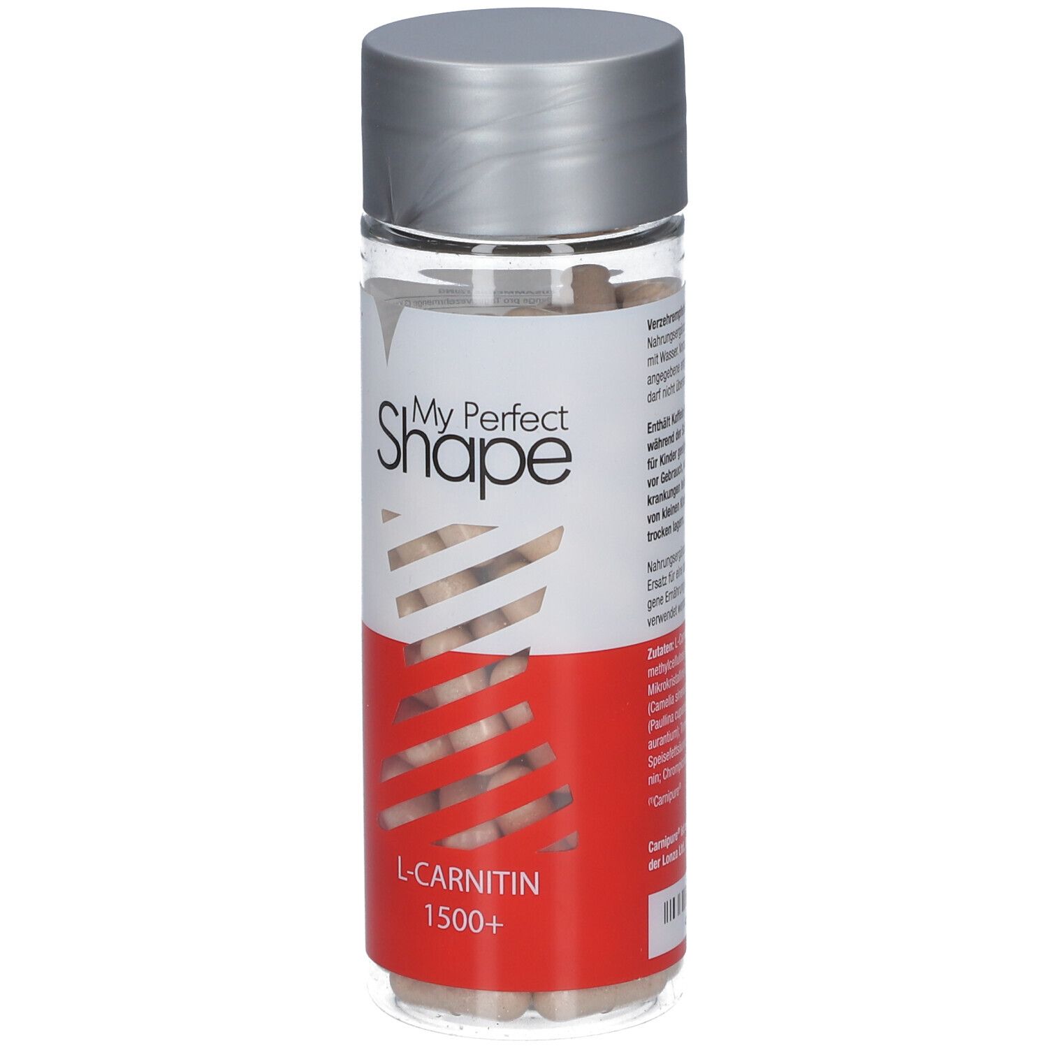 Dos de la bouteille avec gélules. Inscription : My Perfect Shape, L-Carnitine 1500+. Bouchon argenté. Fond rouge et blanc.