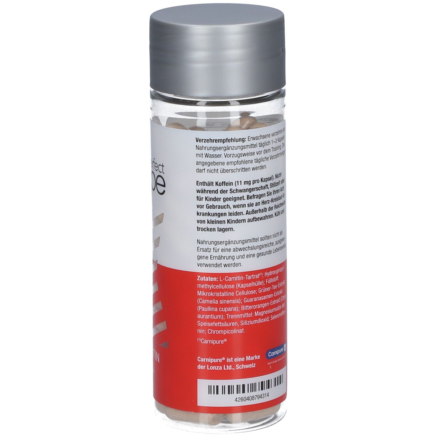 Dos de la bouteille avec gélules. Inscription : My Perfect Shape, L-Carnitine 1500+. Bouchon argenté. Fond rouge et blanc.