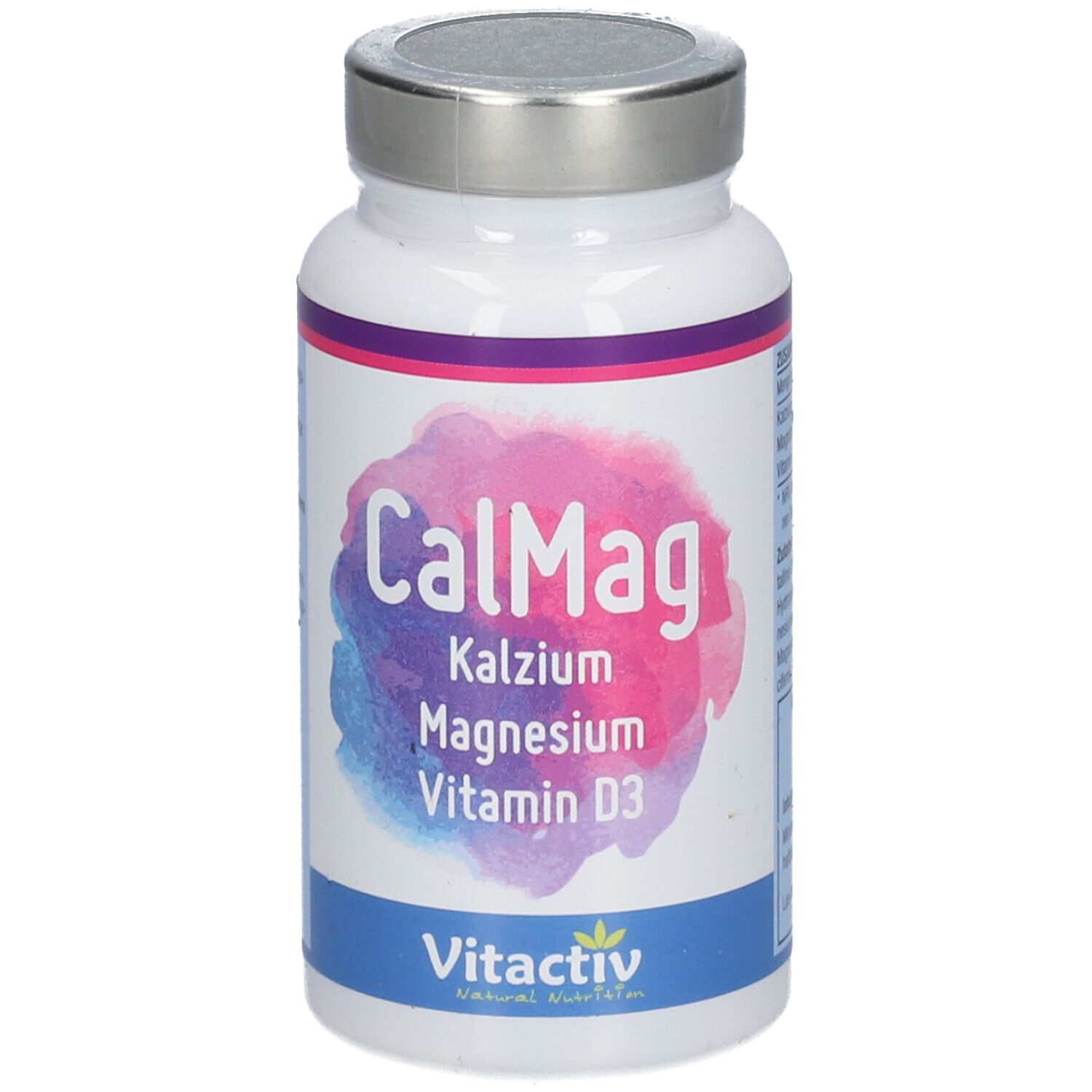 Weiße Flasche mit blau-rosa Etikett. Aufschrift: CalMag, Kalzium Magnesium Vitamin D3. Marke: Vitactiv.