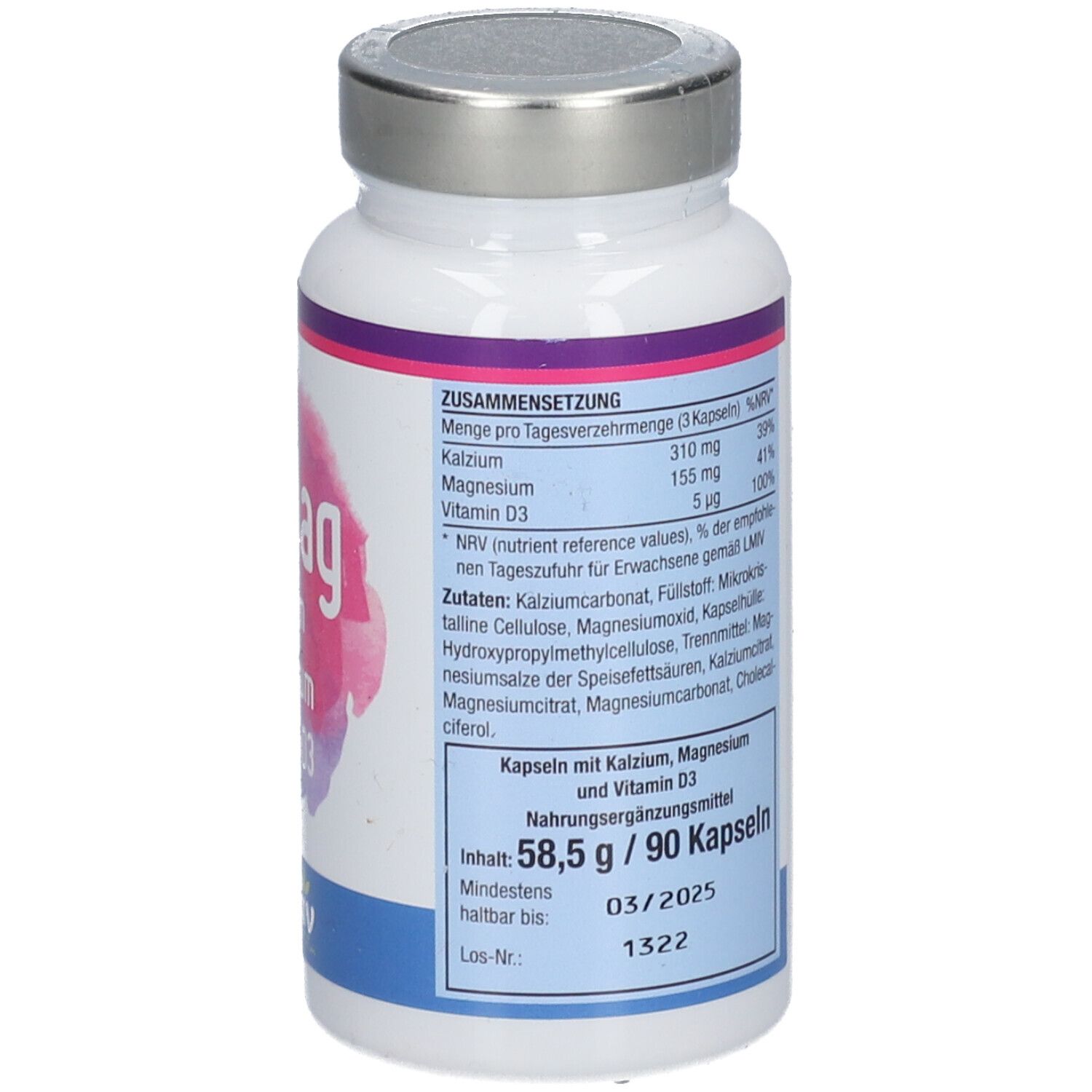 Rückseite der weißen Flasche. Text: Verzehrempfehlung, Hinweise zur Aufbewahrung, Nährwertangaben. Marke: Vitactiv.