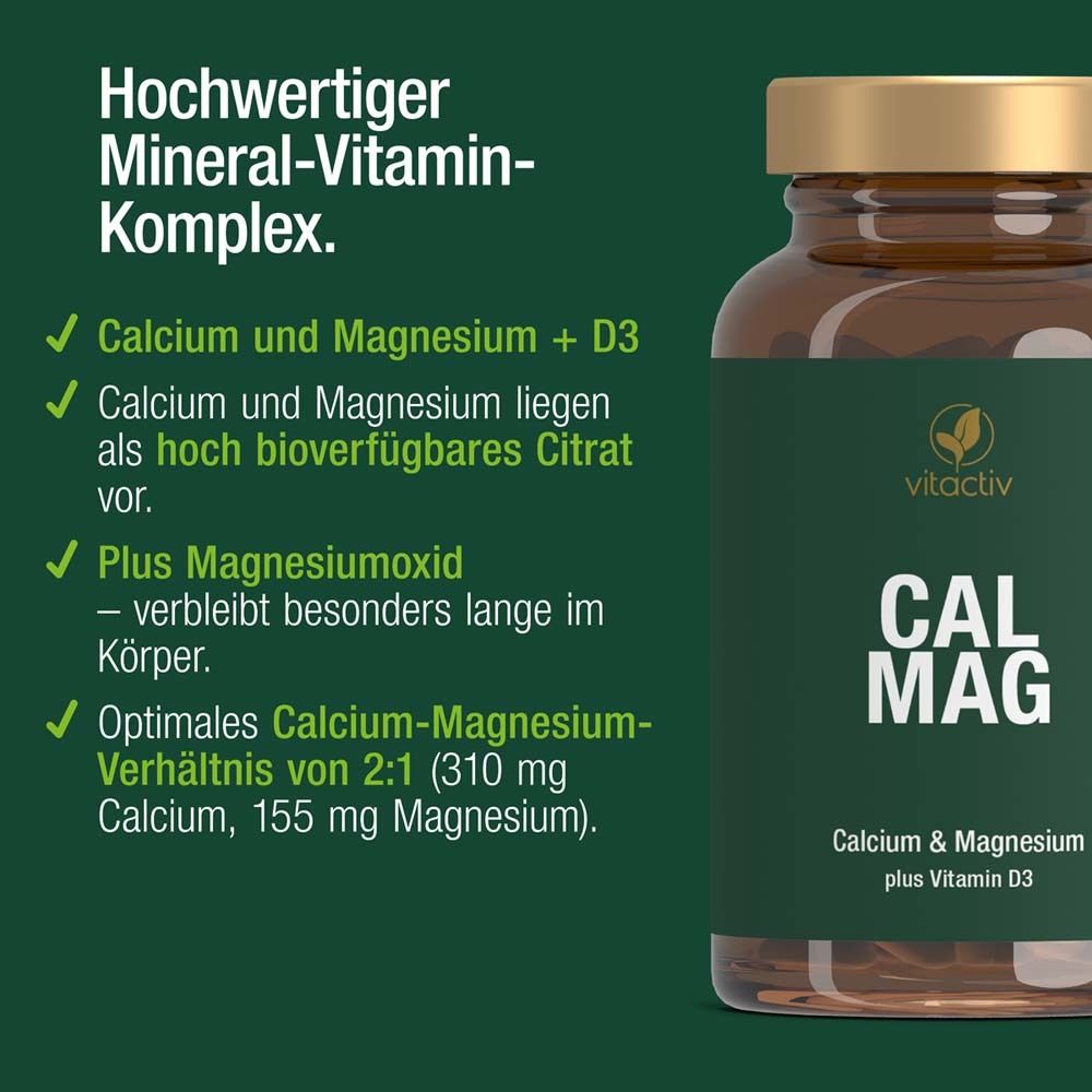 Text mit grünen Häkchen und einer Flasche CAL MAG. Text: Hochwertiger Mineral-Vitamin-Komplex. Optimale Calcium-Magnesium-Verhältnis.