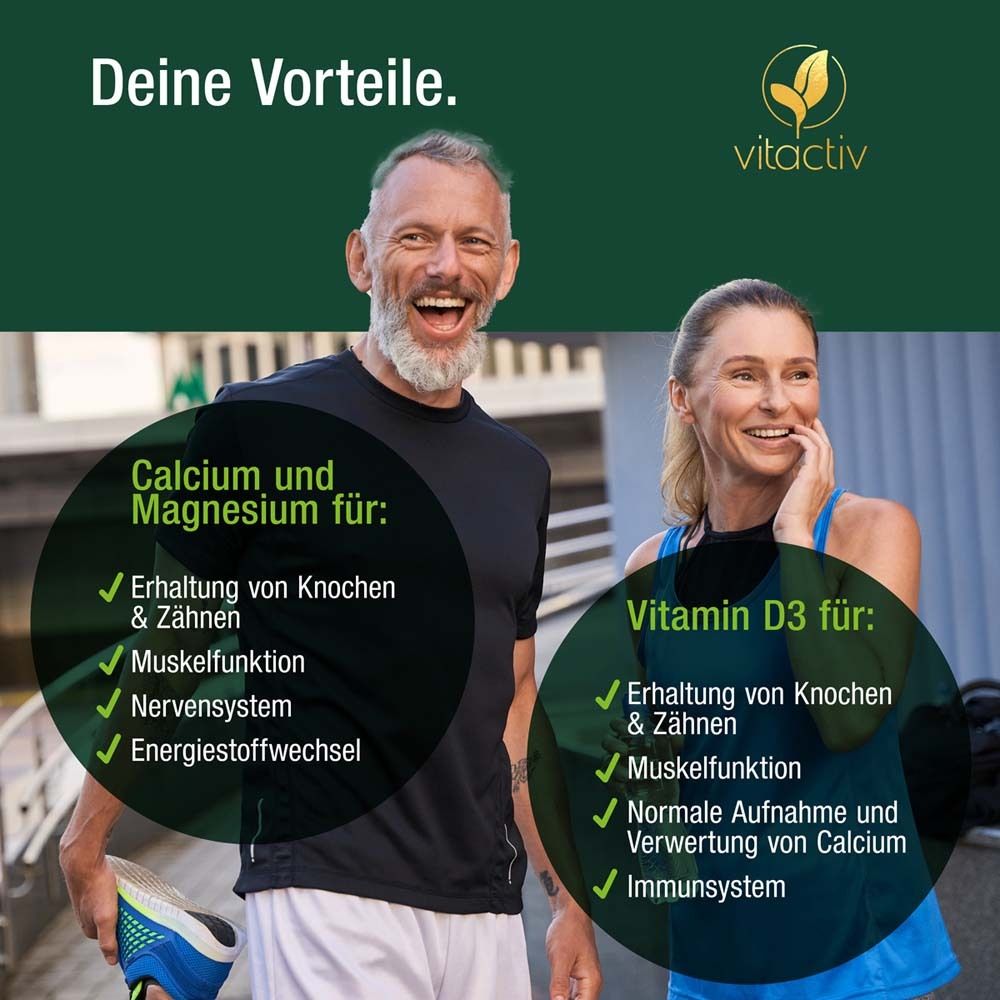 Zwei lächelnde Personen. Text: Calcium und Magnesium für: Knochen & Zähne, Muskelfunktion, Nervensystem, Energiestoffwechsel.