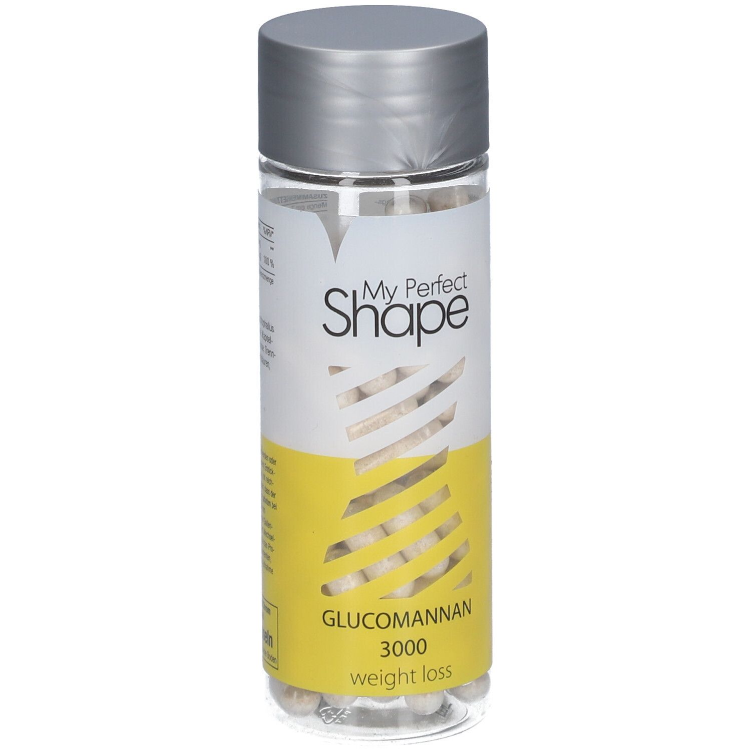Flacon de gélules, étiquette avec texte. Fond jaune, "My Perfect Shape", "Glucomannan 3000". Bouchon argenté.
