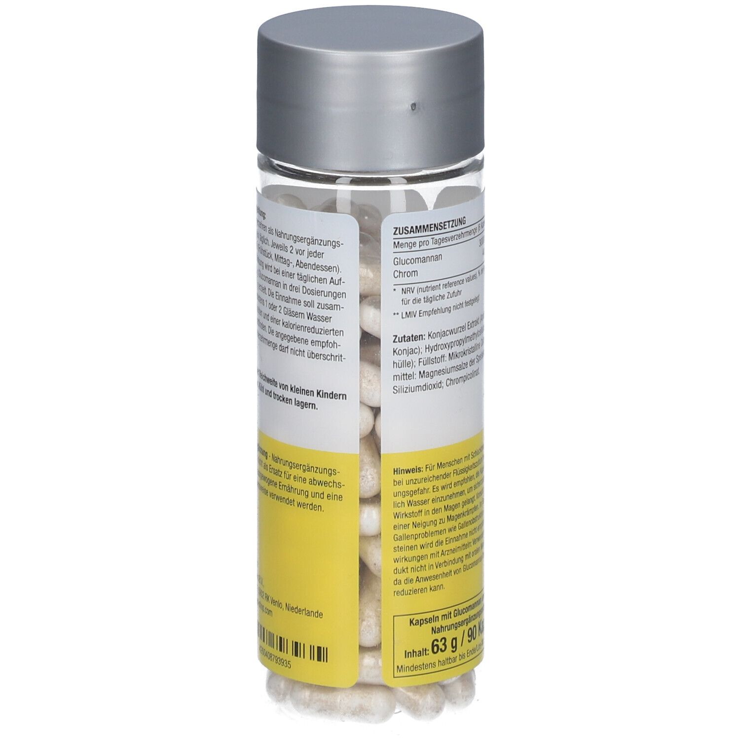 Flacon de gélules, étiquette avec texte. Fond jaune, "My Perfect Shape", "Glucomannan 3000". Bouchon argenté.