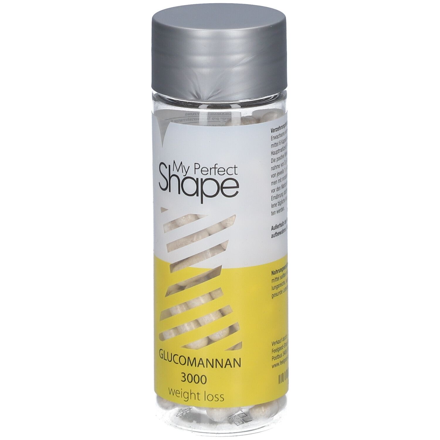 Flacon de gélules, étiquette avec texte. Fond jaune, "My Perfect Shape", "Glucomannan 3000". Bouchon argenté.