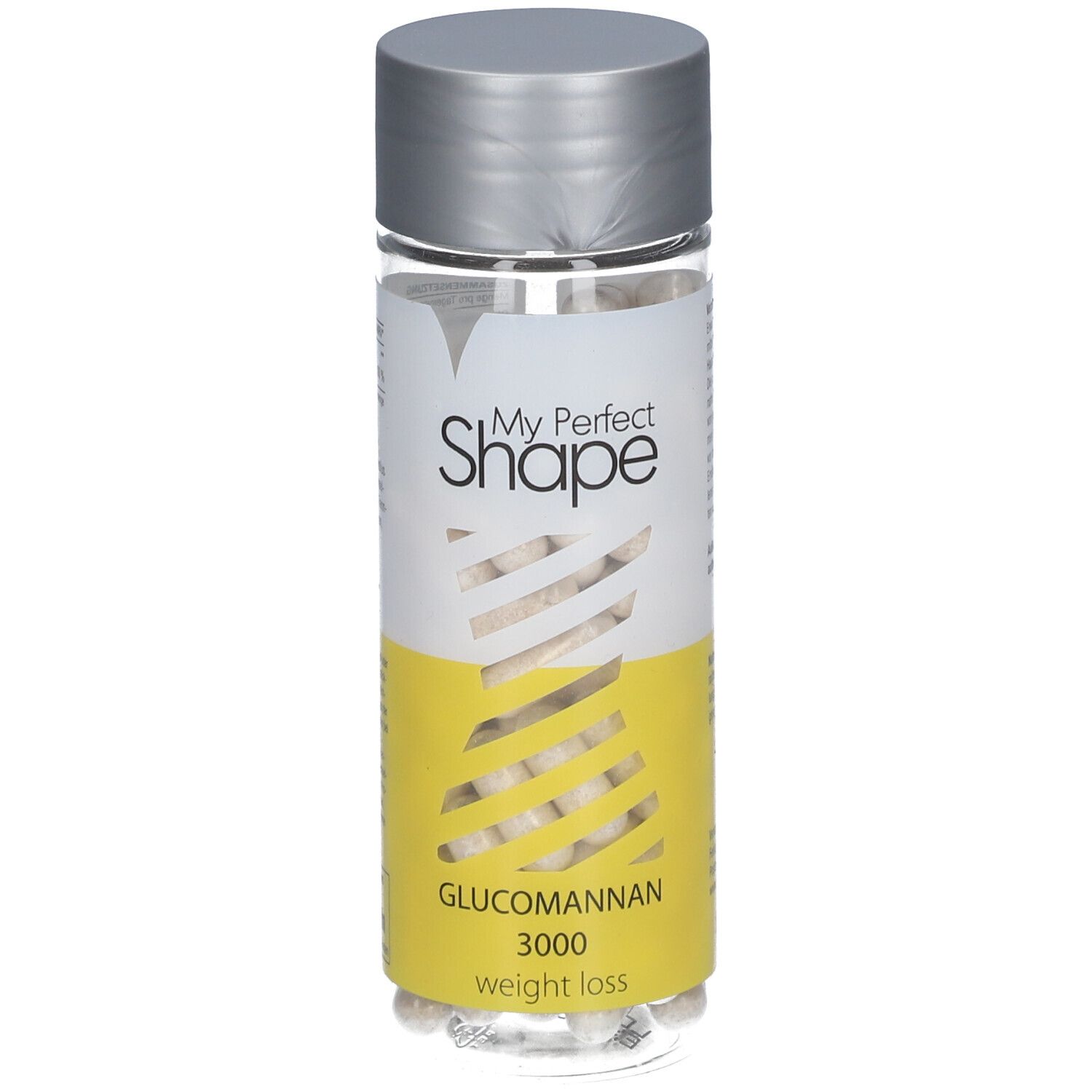 Flacon transparent avec capsules. Étiquette "My Perfect Shape", "Glucomannan 3000" et "weight loss". Bouchon argenté.