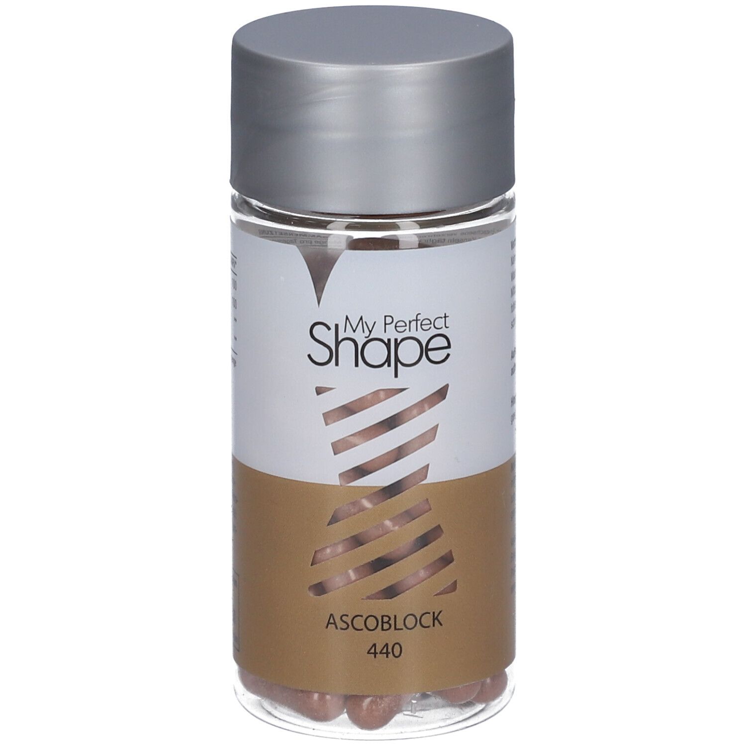 Klare Flasche mit Kapseln. Silberner Deckel. Aufschrift: My Perfect Shape ASCOBLOCK 440.
