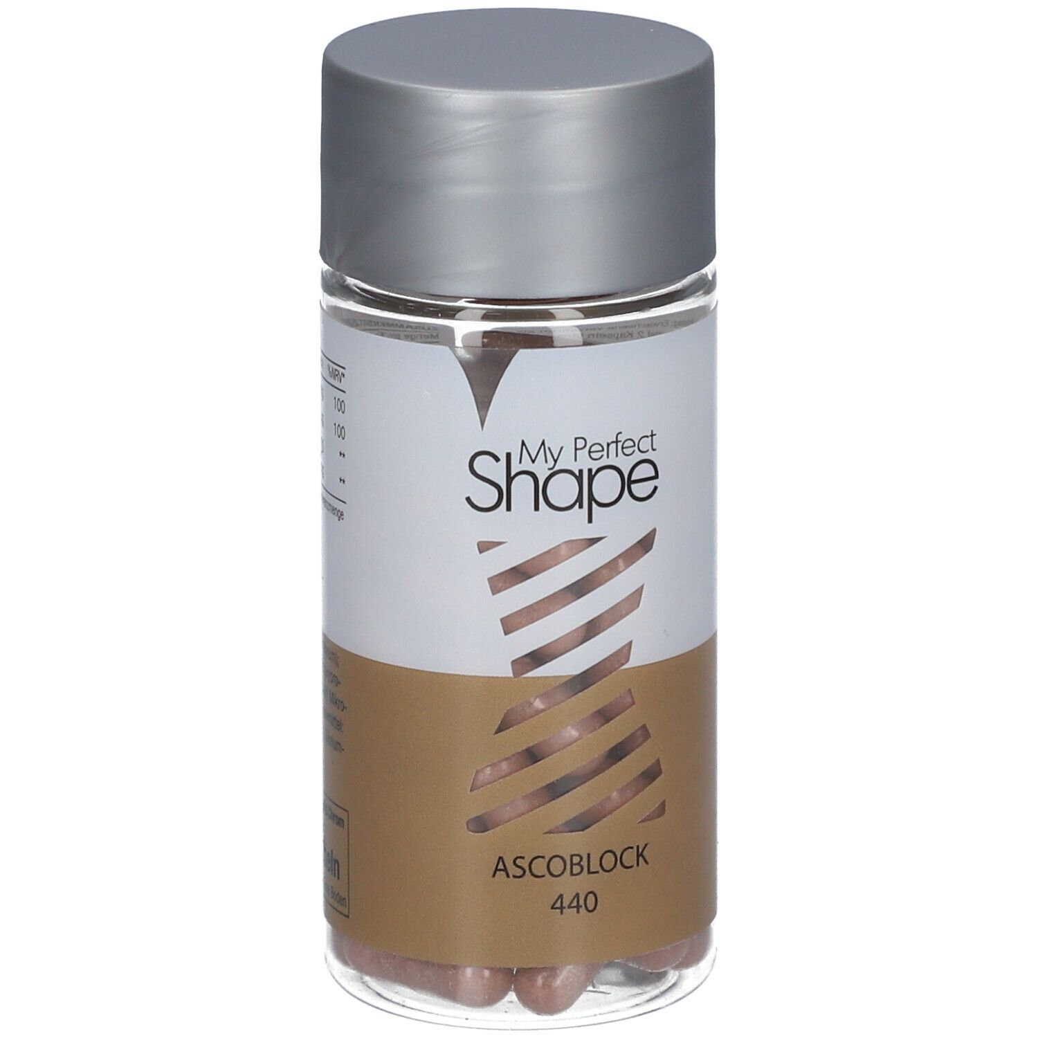 Klare Flasche mit Kapseln. Silberner Deckel. Aufschrift: My Perfect Shape ASCOBLOCK 440.