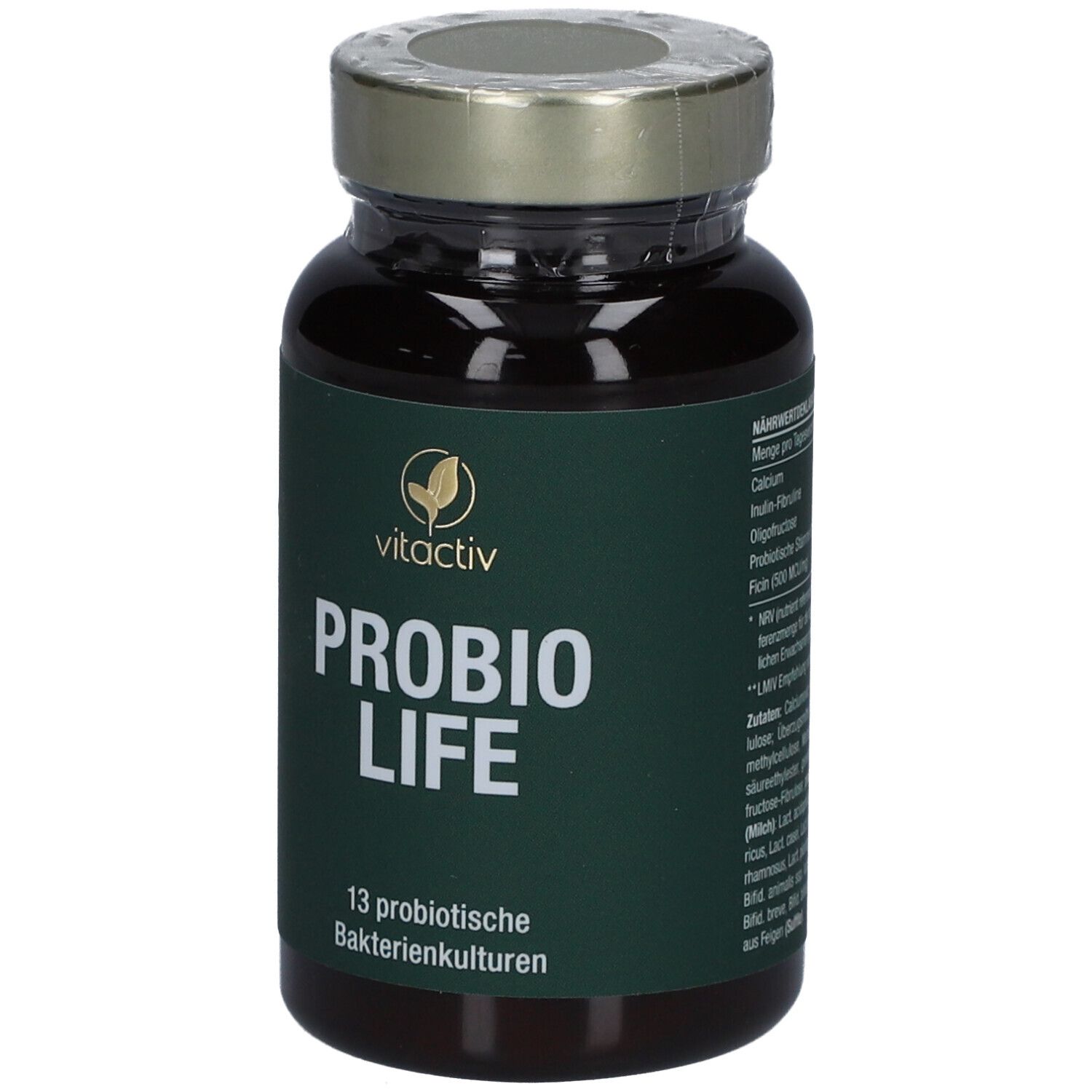 Weiße Flasche mit silbernem Deckel. Aufschrift: PRO-BIOLIFE, 13 probiotische Bakterienkulturen. Marke: Vitactiv.