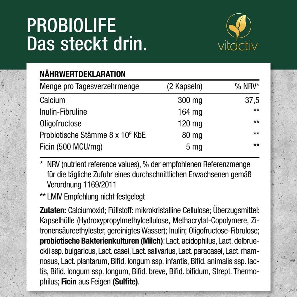 Déclaration nutritionnelle sur fond blanc. Contient des informations sur les ingrédients et les valeurs nutritionnelles par portion.