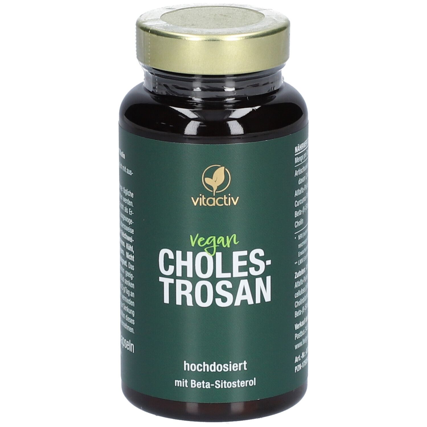 Flacon brun avec étiquette verte. Texte : Vegan, Cholestrosan, haute dose avec Beta-Sitosterol. Couvercle doré.