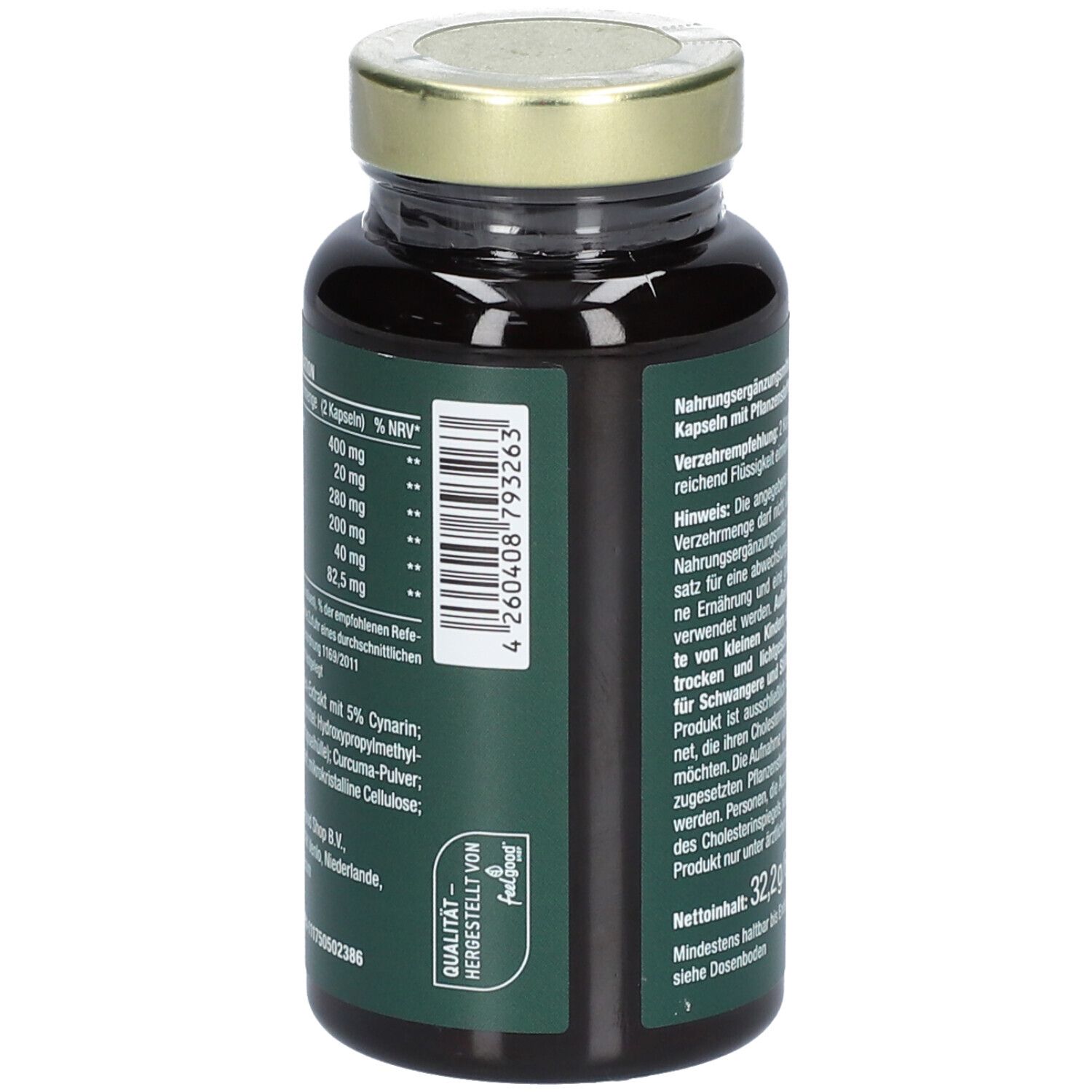 Flacon brun avec étiquette verte. Texte : Vegan, Cholestrosan, haute dose avec Beta-Sitosterol. Couvercle doré.