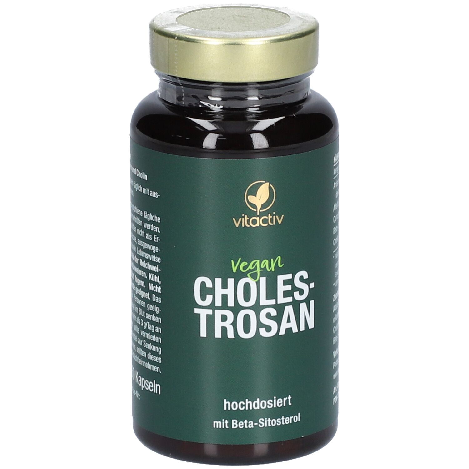 Flacon brun avec étiquette verte. Texte : Vegan, Cholestrosan, haute dose avec Beta-Sitosterol. Couvercle doré.