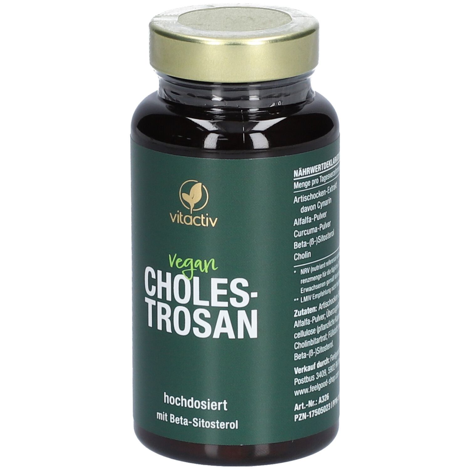 Flacon brun avec étiquette verte. Texte : Vegan, Cholestrosan, haute dose avec Beta-Sitosterol. Couvercle doré.