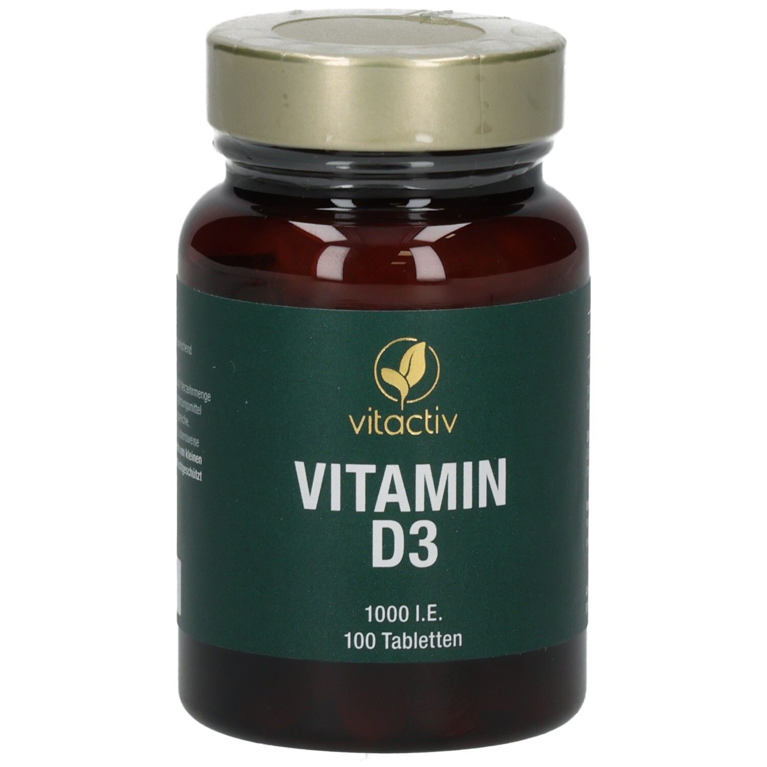 Weiße Flasche mit silbernem Deckel. Aufschrift: Vitamin D3, 800 IU. Gelbes Etikett.