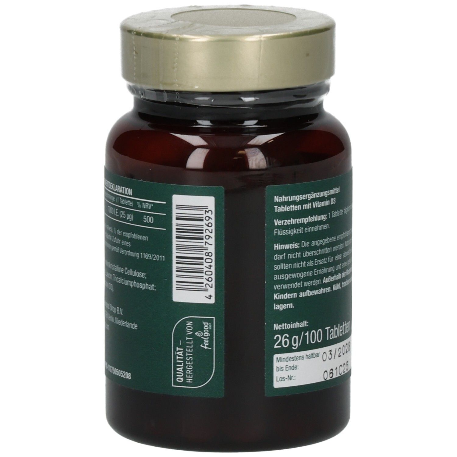 Weiße Flasche mit silbernem Deckel. Aufschrift: Vitamin D3, 800 IU. Gelbes Etikett. Text und Verfallsdatum.